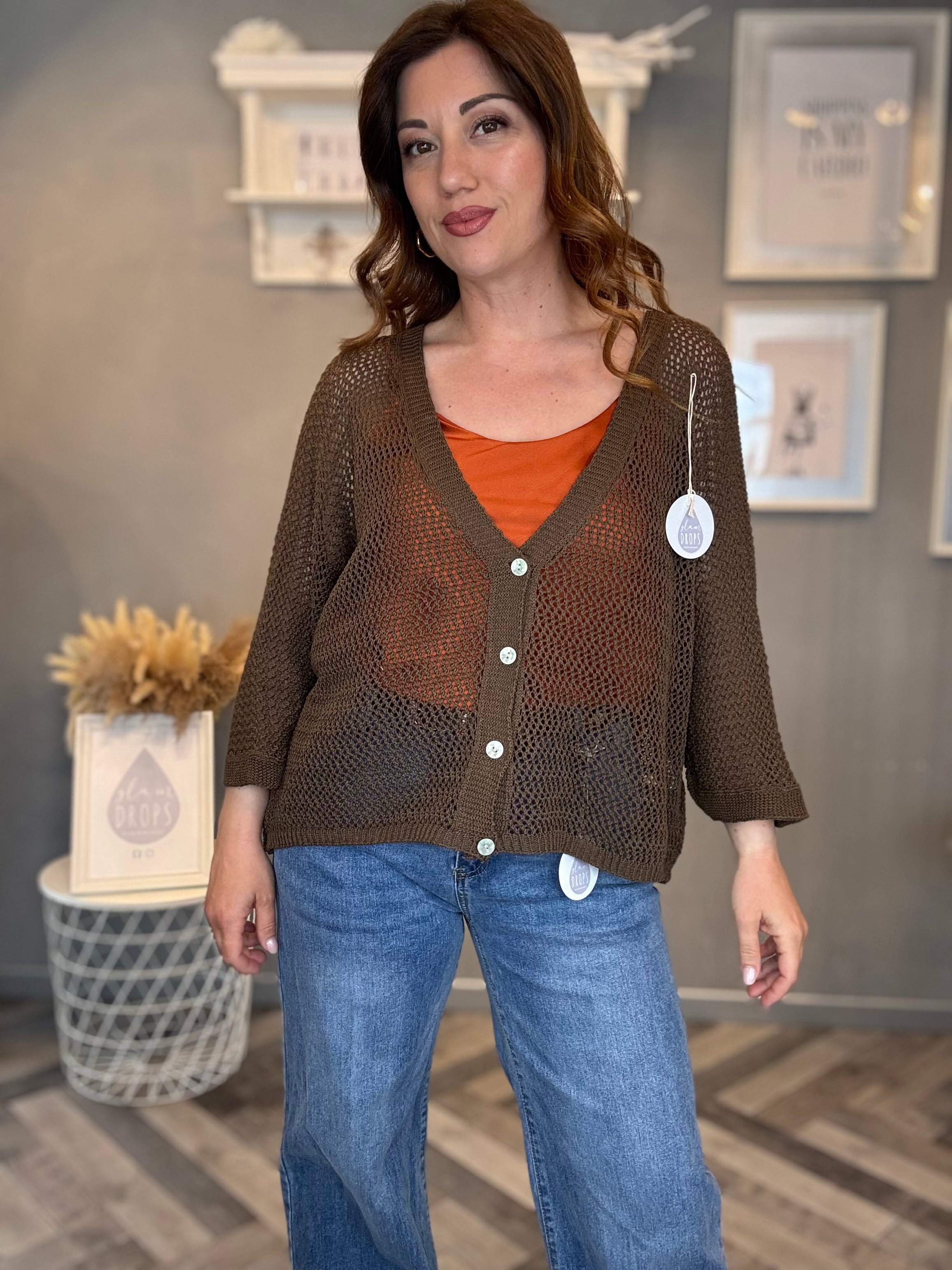 Cardigan traforato in cotone cioccolato