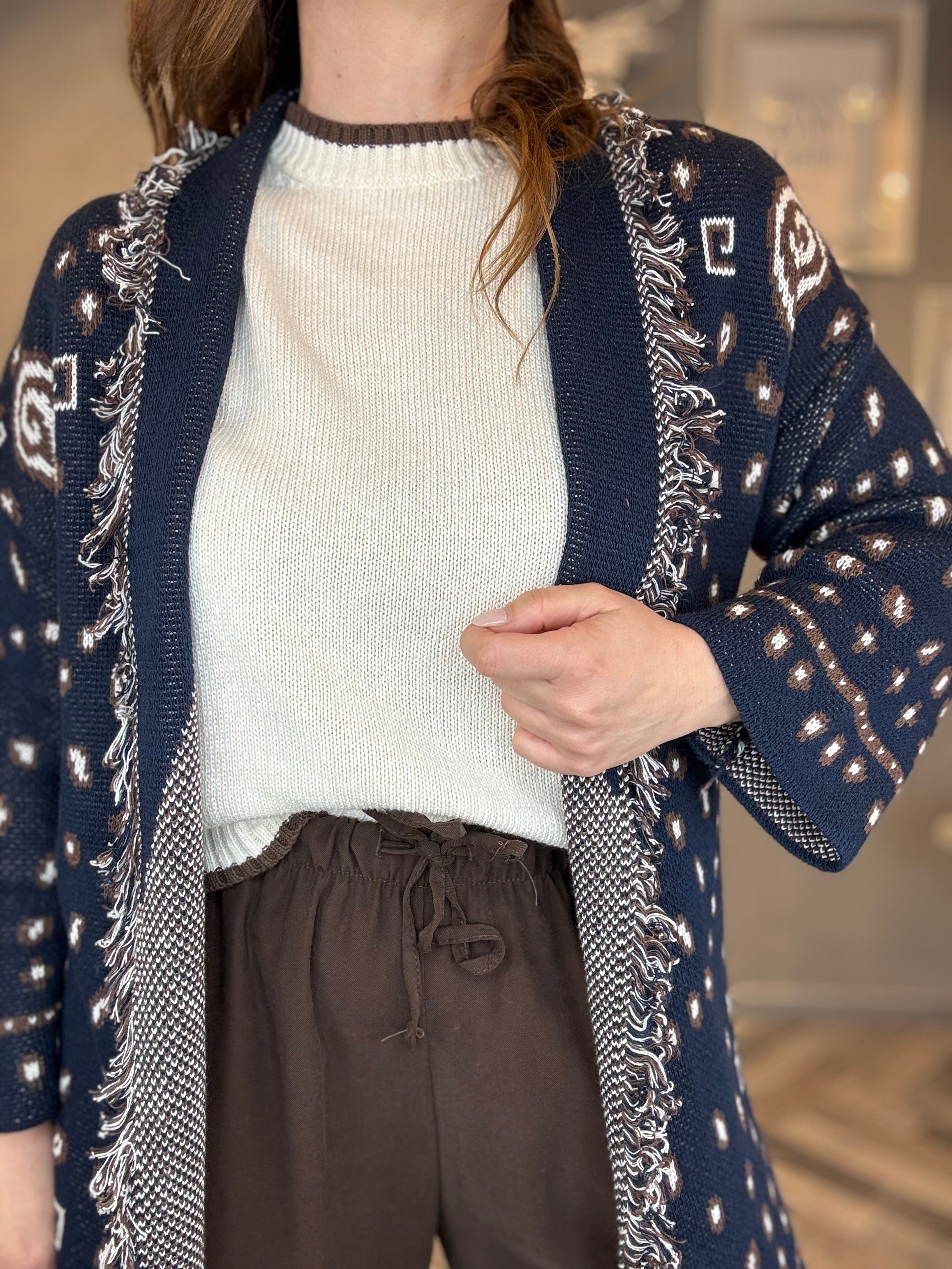Cardigan jacquard blu con frange