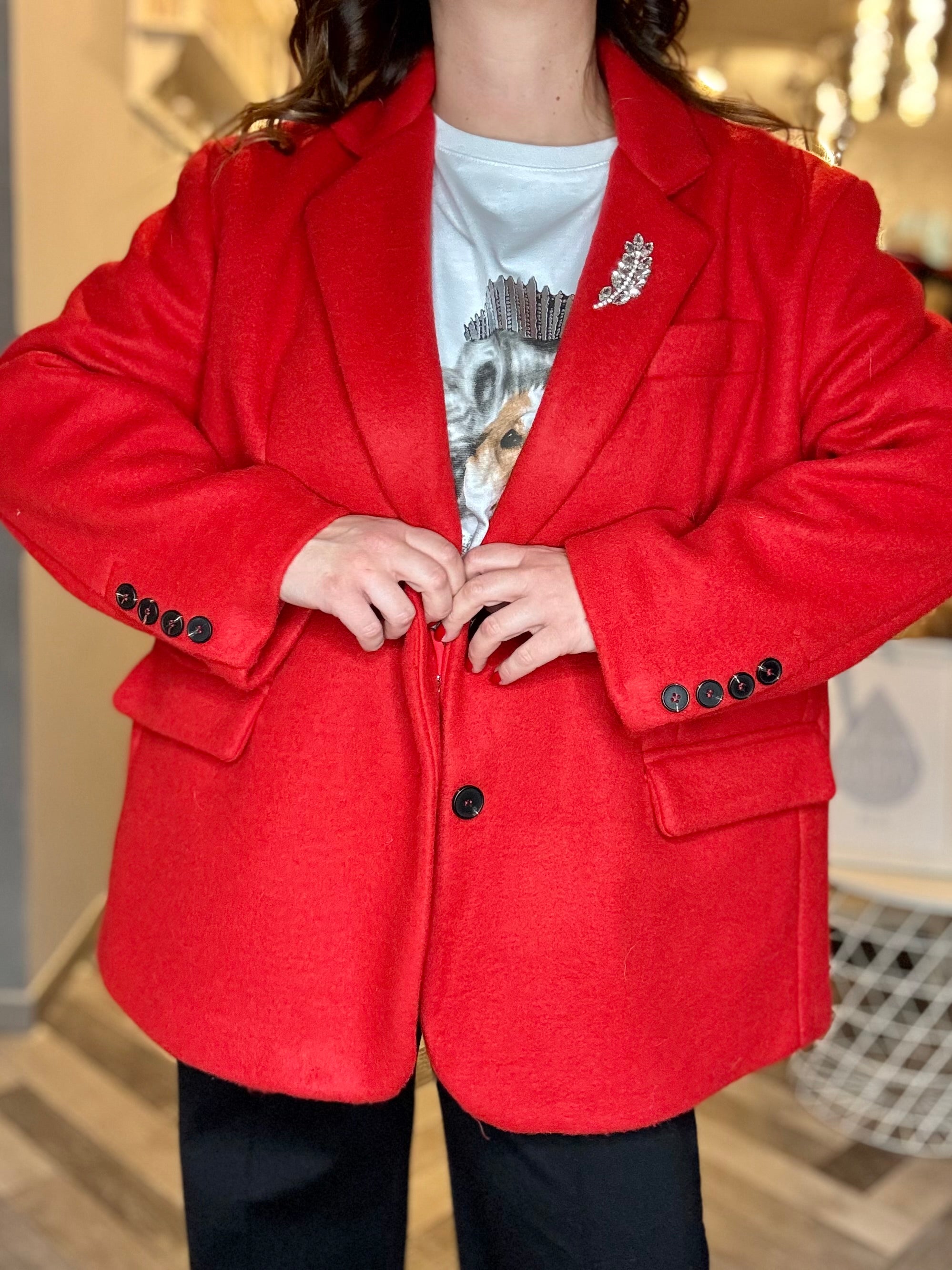 Blazer giacca cappotto over in panno con cabochon