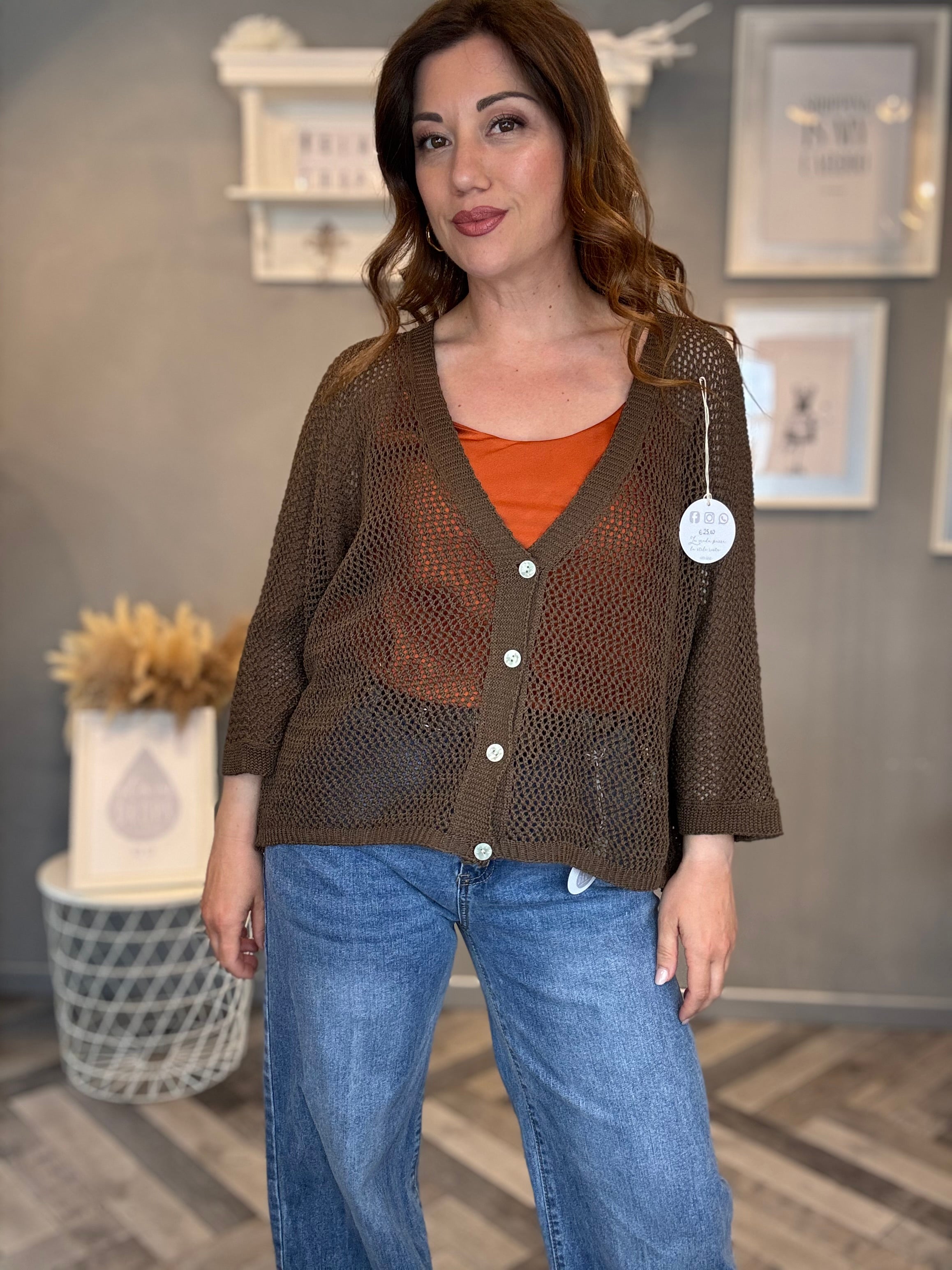 Cardigan traforato in cotone cioccolato
