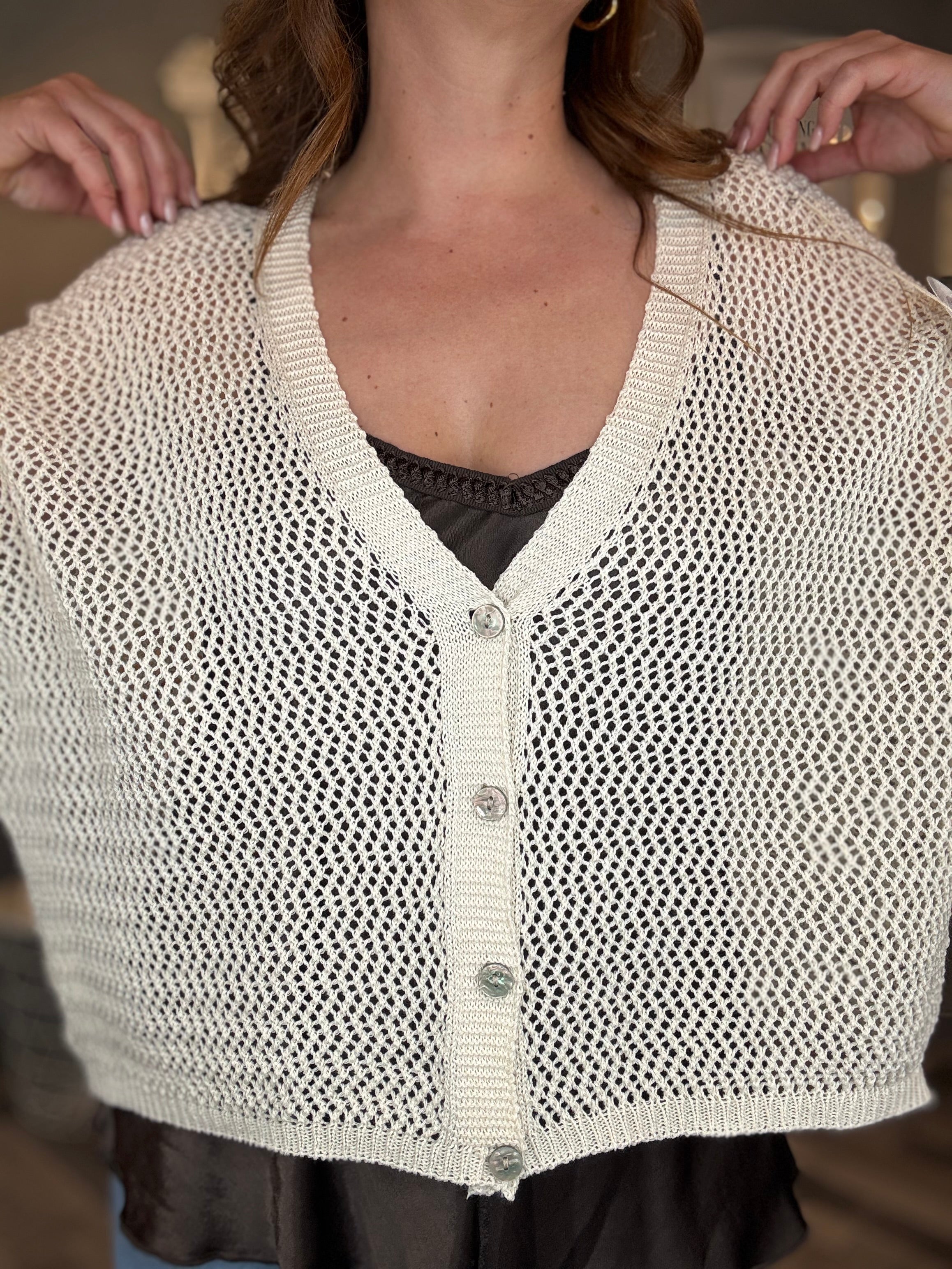 Cardigan traforato in cotone panna