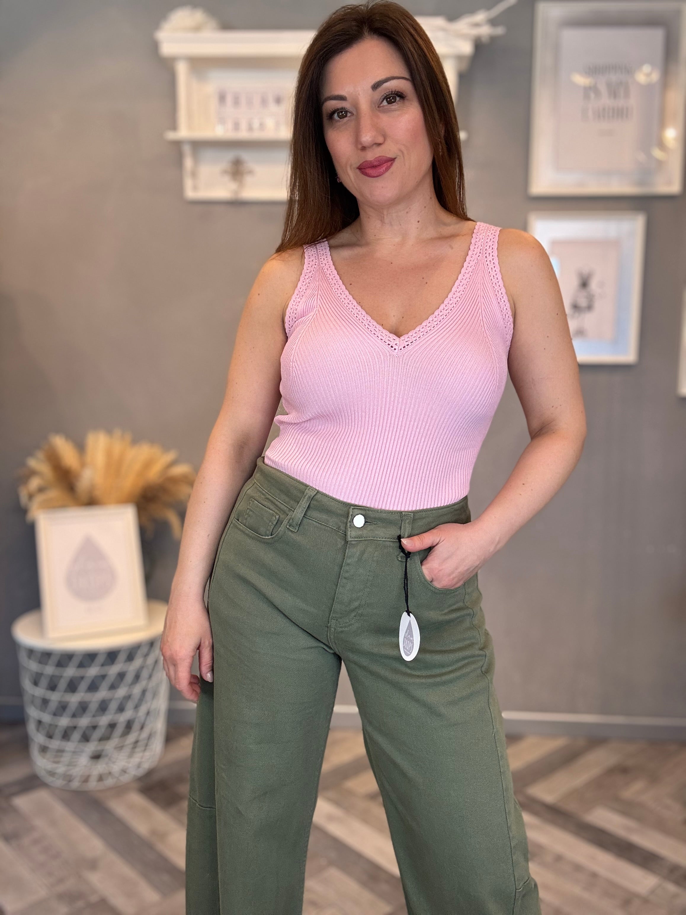 Body costina scollo pizzo rosa