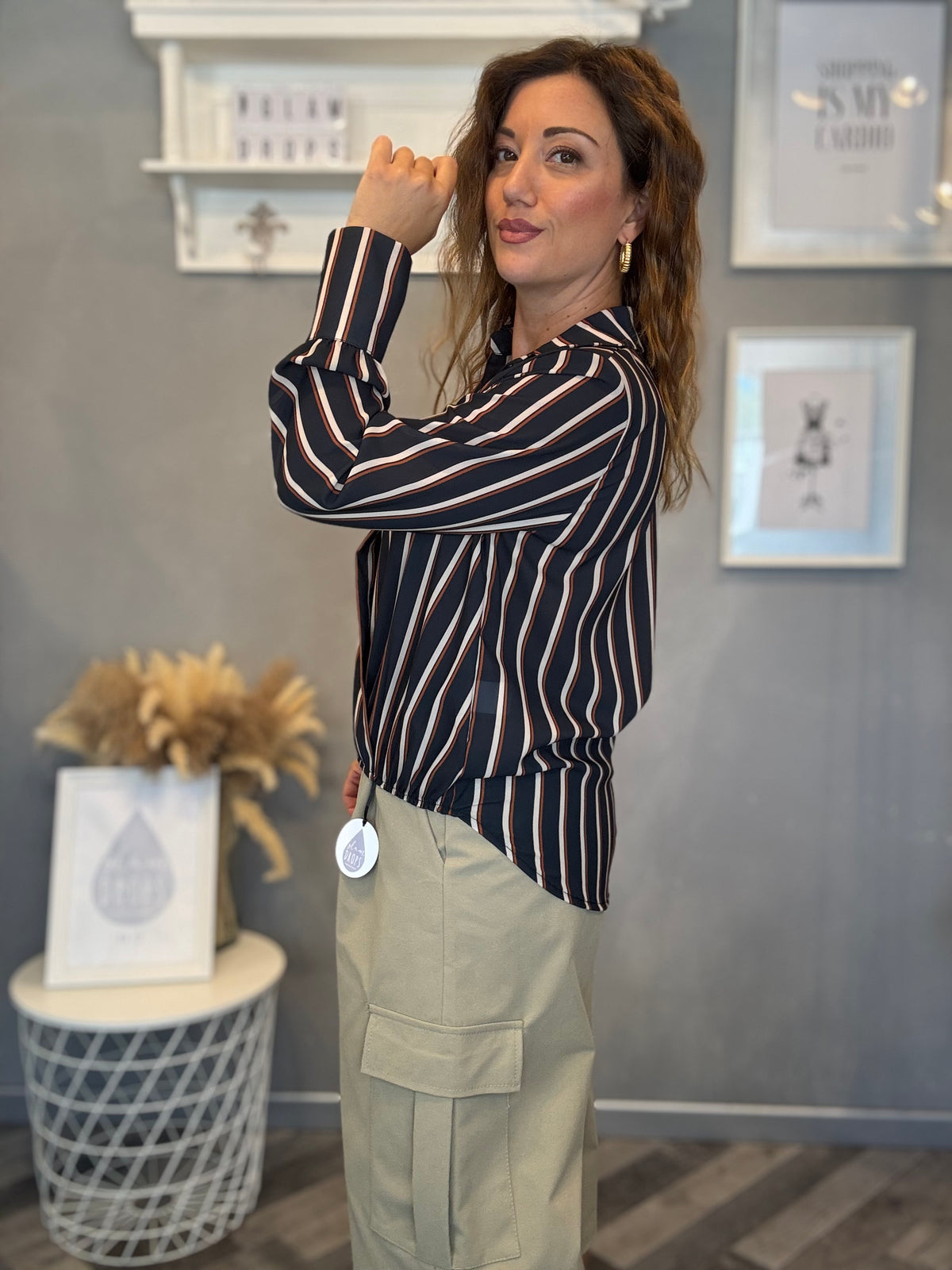 Blusa a incrocio blu righe burro e cuoio