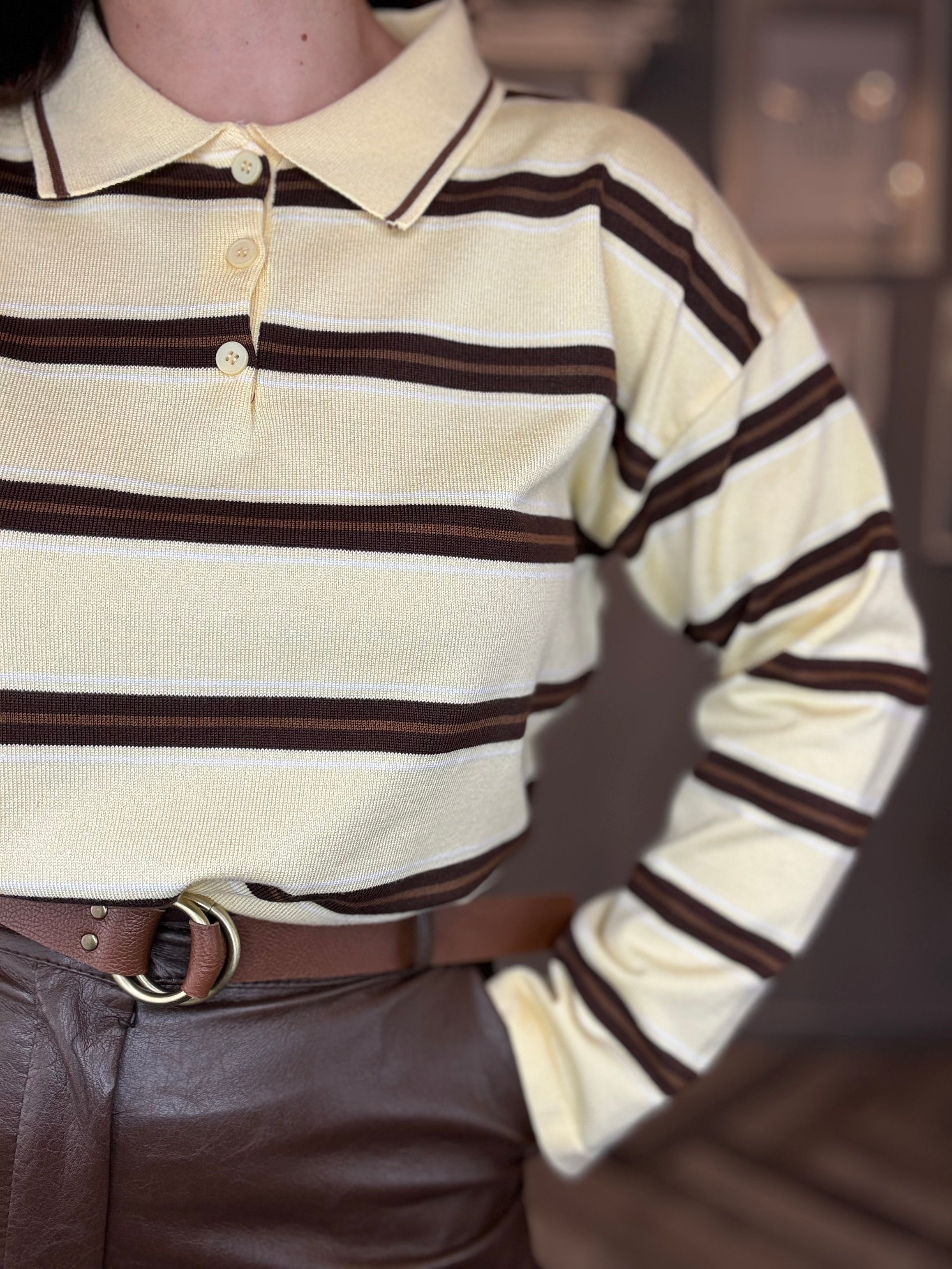 Maglia polo gialla a righe marroni