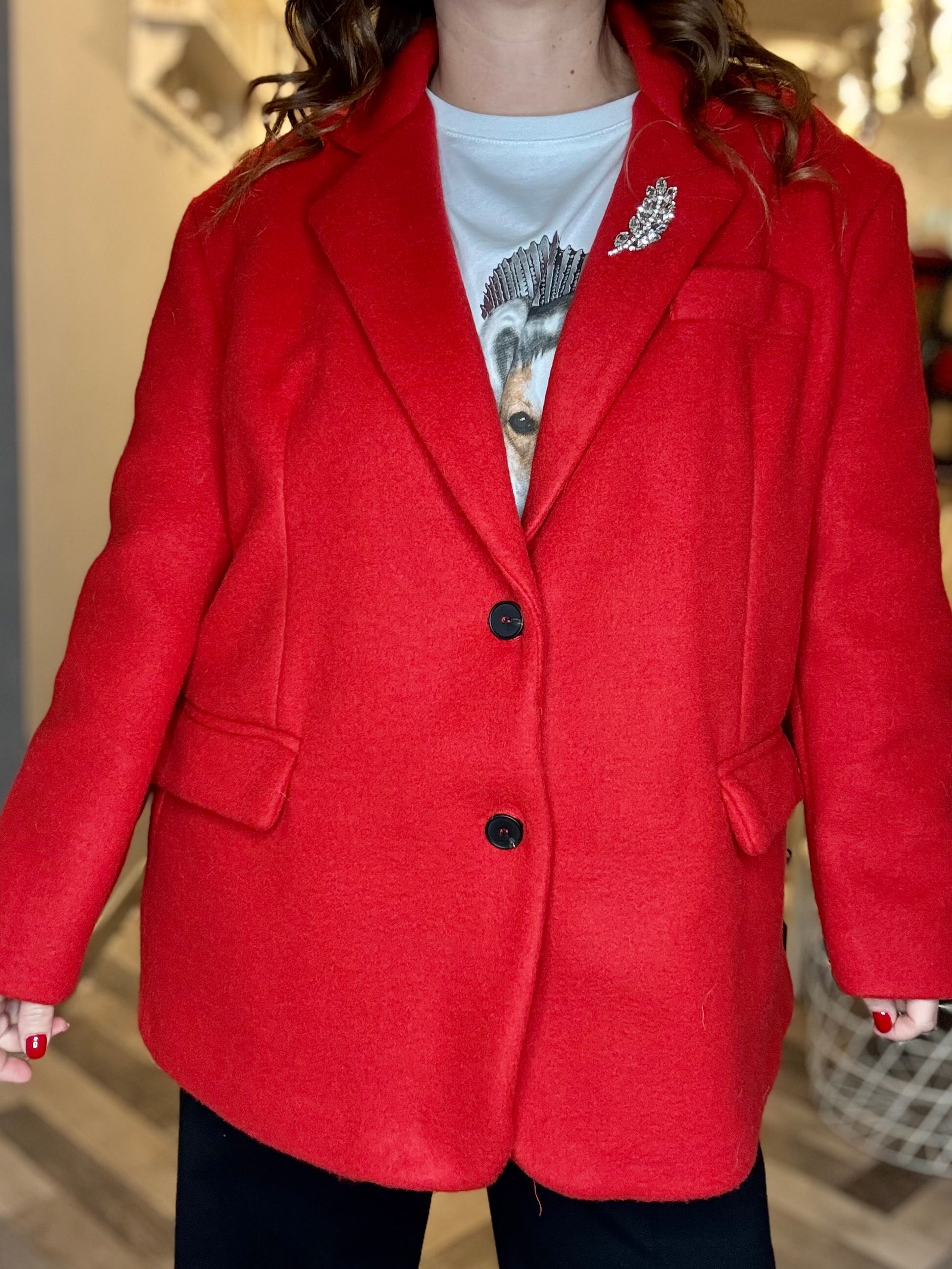 Blazer giacca cappotto over in panno con cabochon