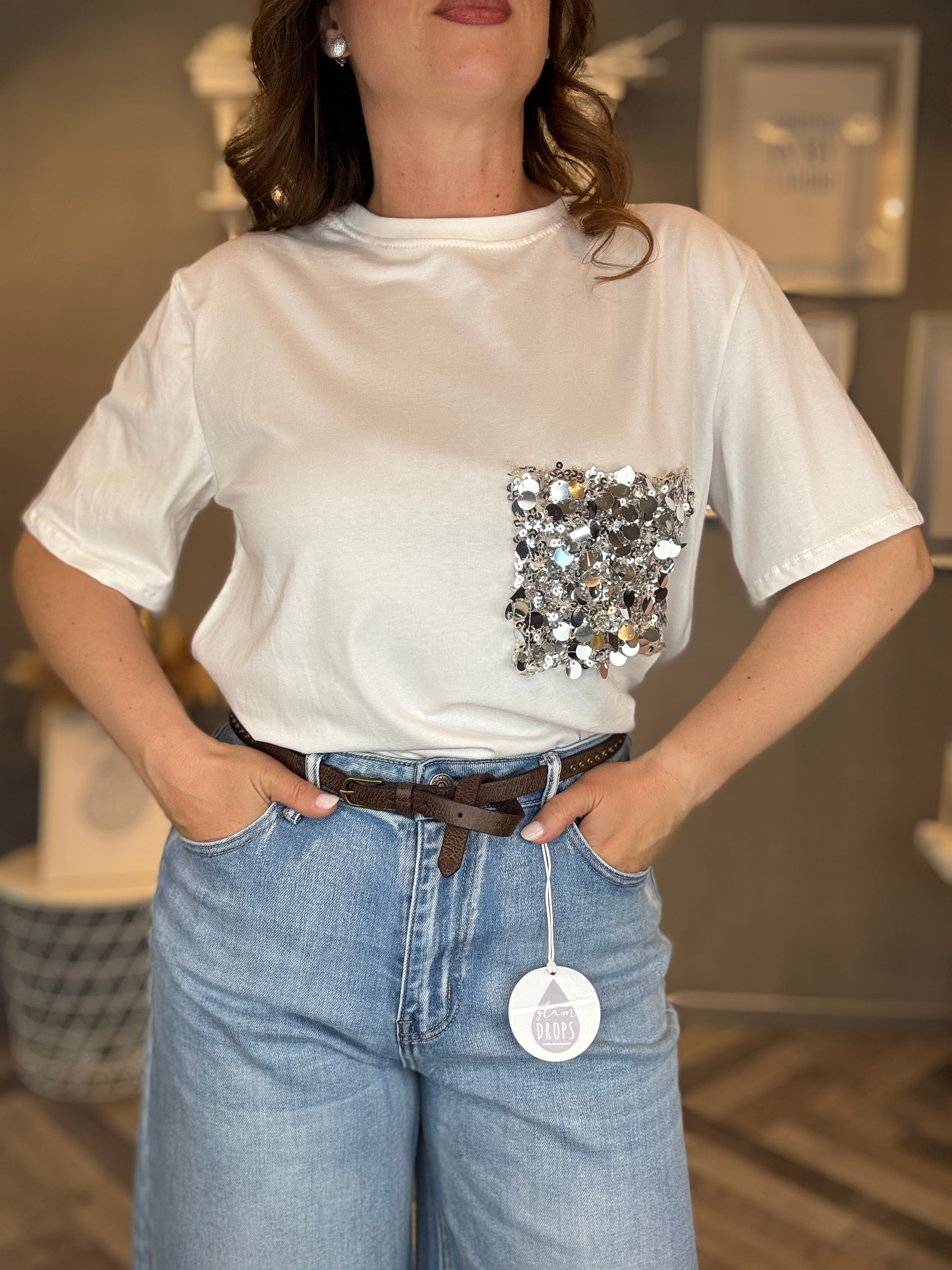 T-shirt tasca paillettes argento