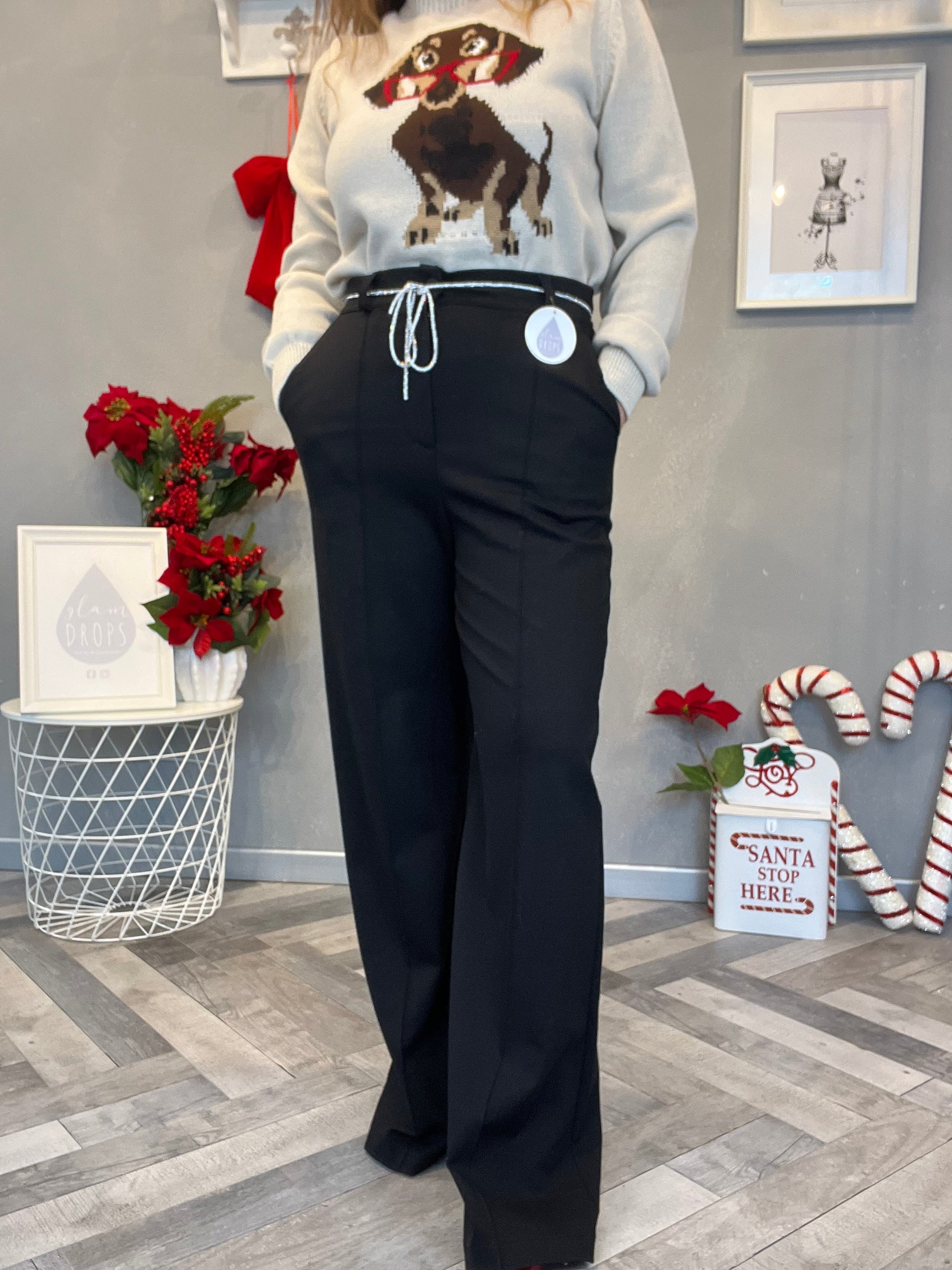 Pantalone palazzo punto Milano nero con cintina di strass