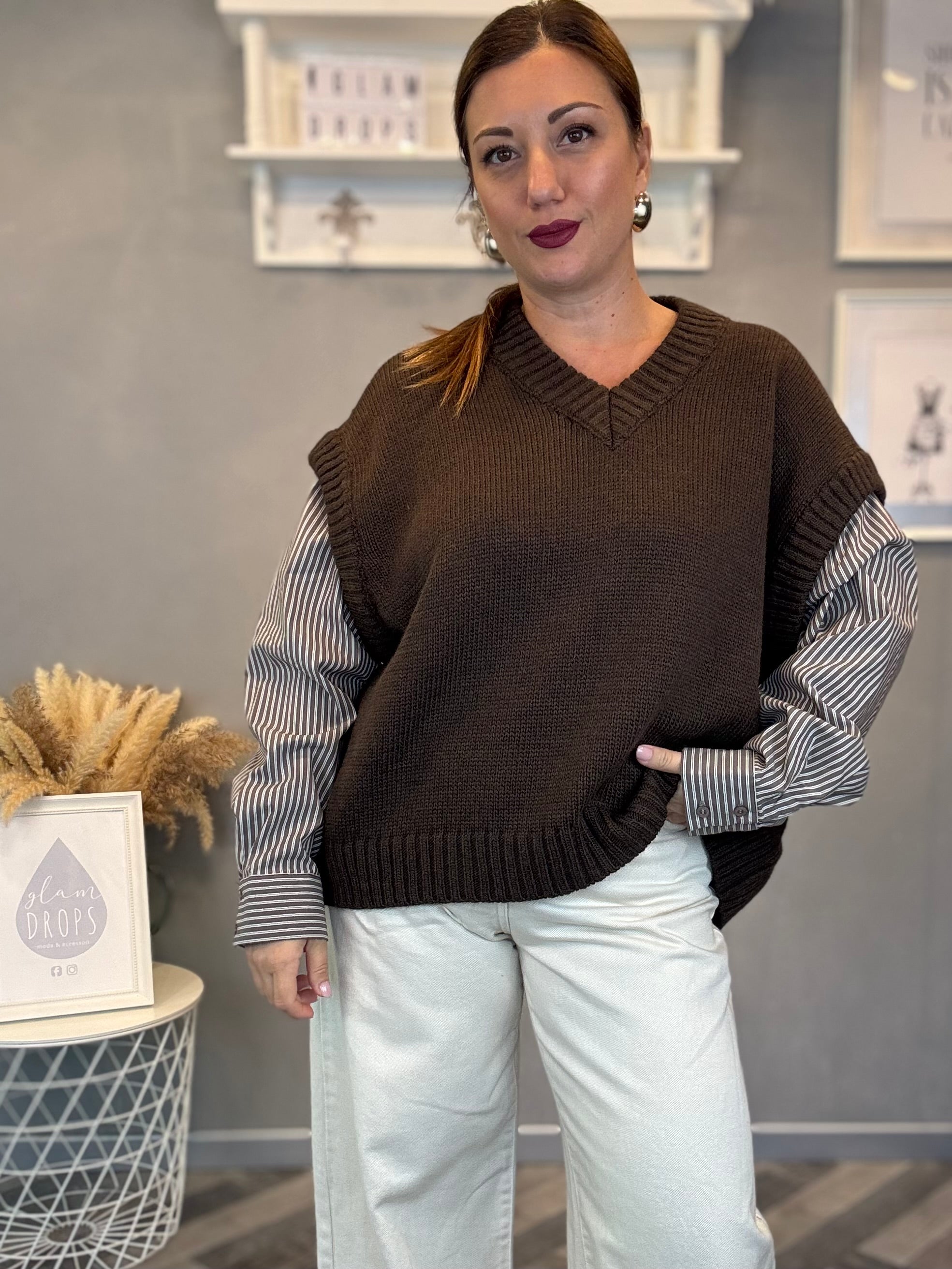 Lumina gilet in maglia cioccolato maniche camicia moro