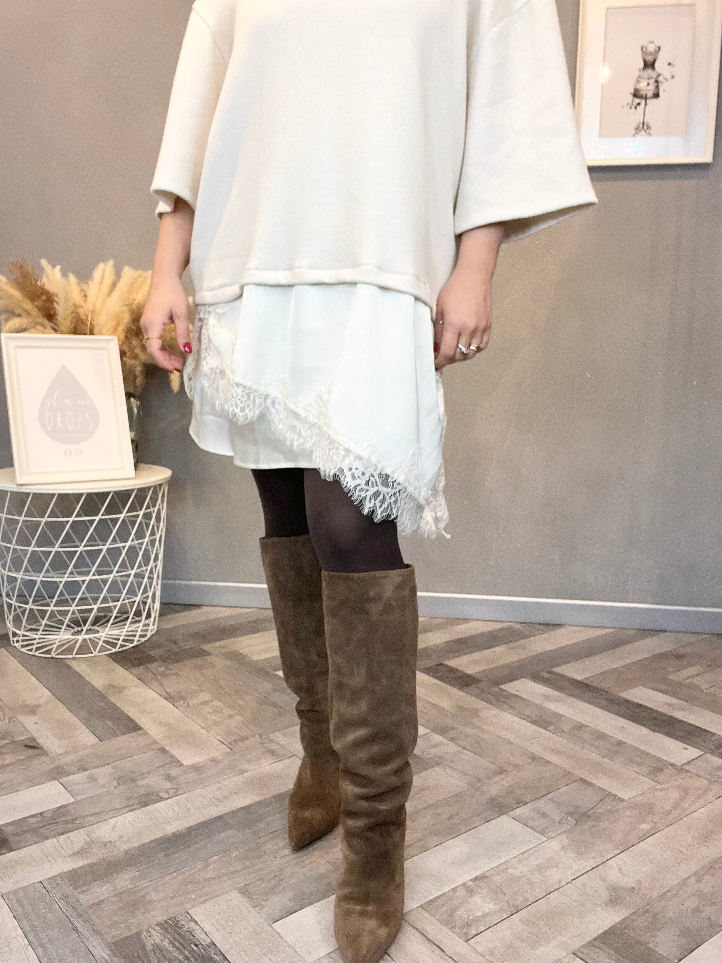 Maxi Maglia con satin e pizzo panna