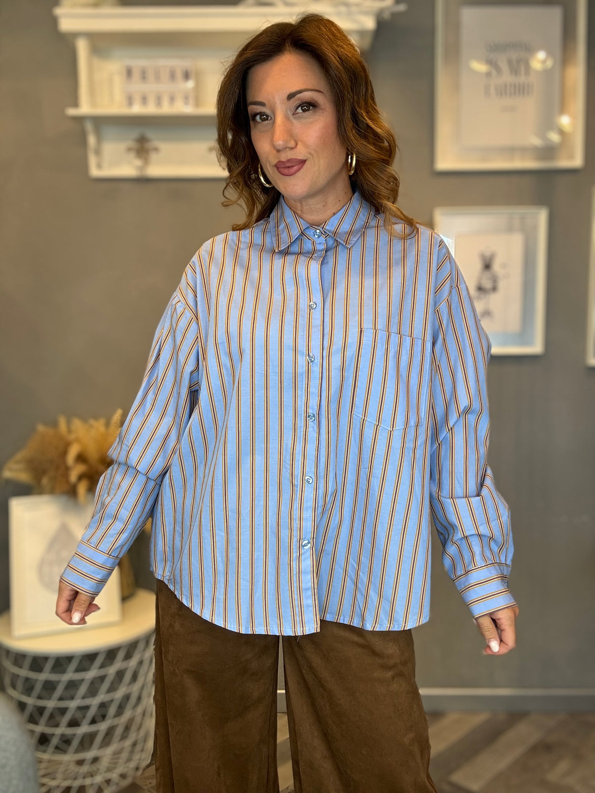 Camicia over celeste righe senape e bordeaux