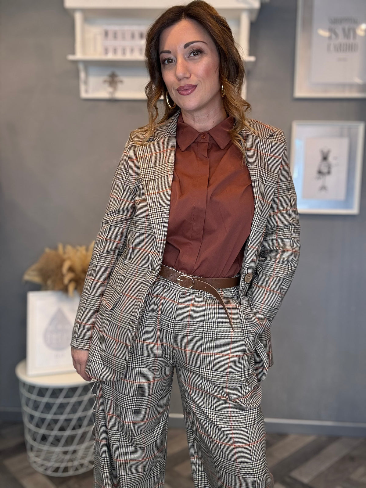 Pantalone palazzo check principe di Galles ruggine