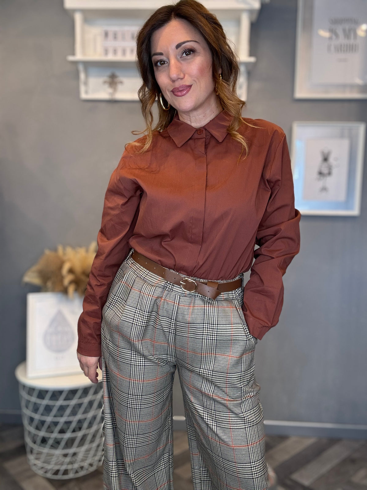Pantalone palazzo check principe di Galles ruggine
