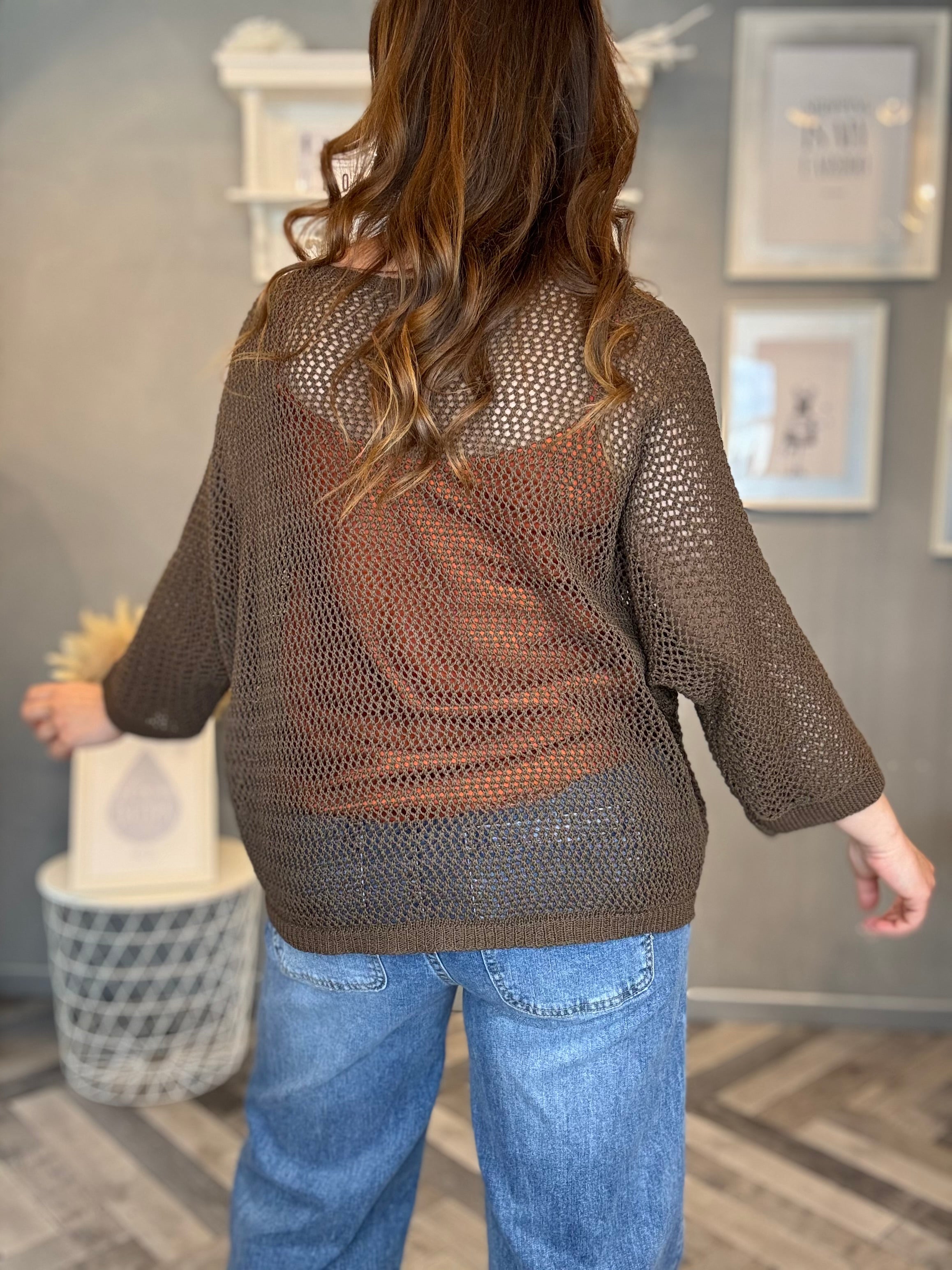 Cardigan traforato in cotone cioccolato