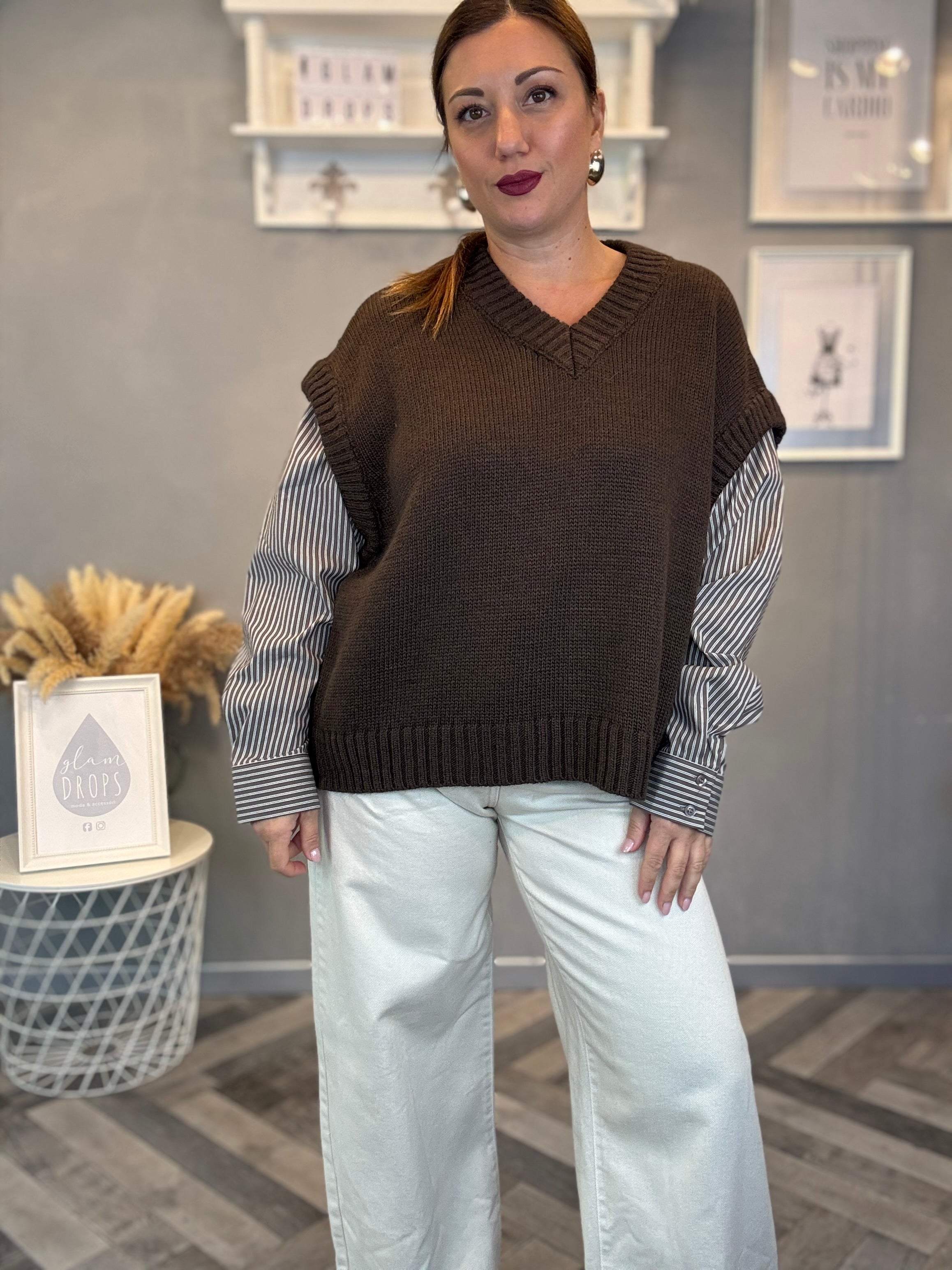 Lumina gilet in maglia cioccolato maniche camicia moro