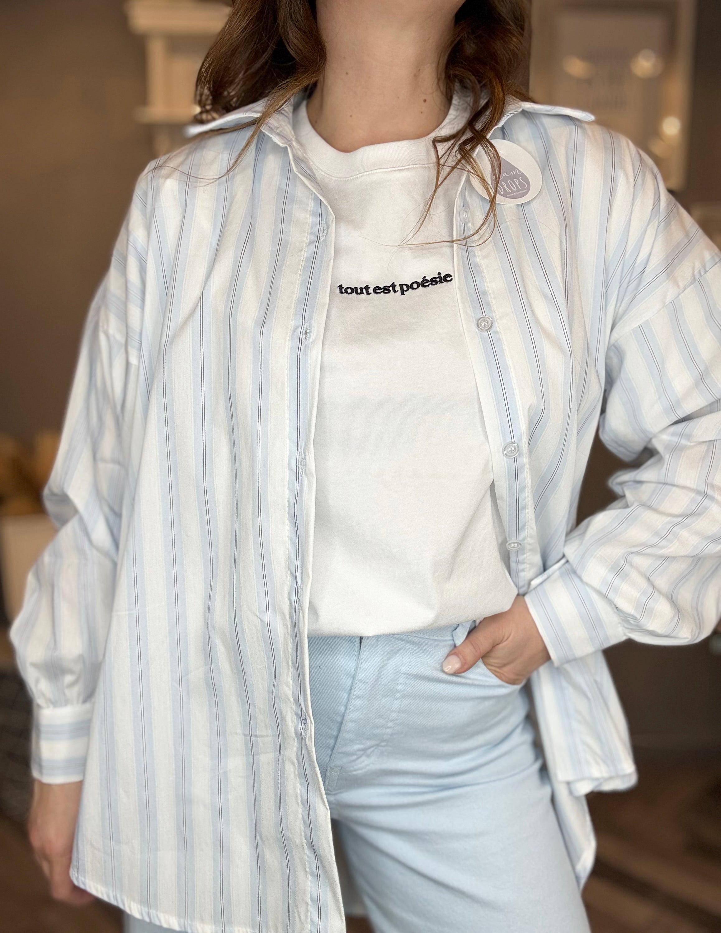 Camicia over righe soft celeste pastello