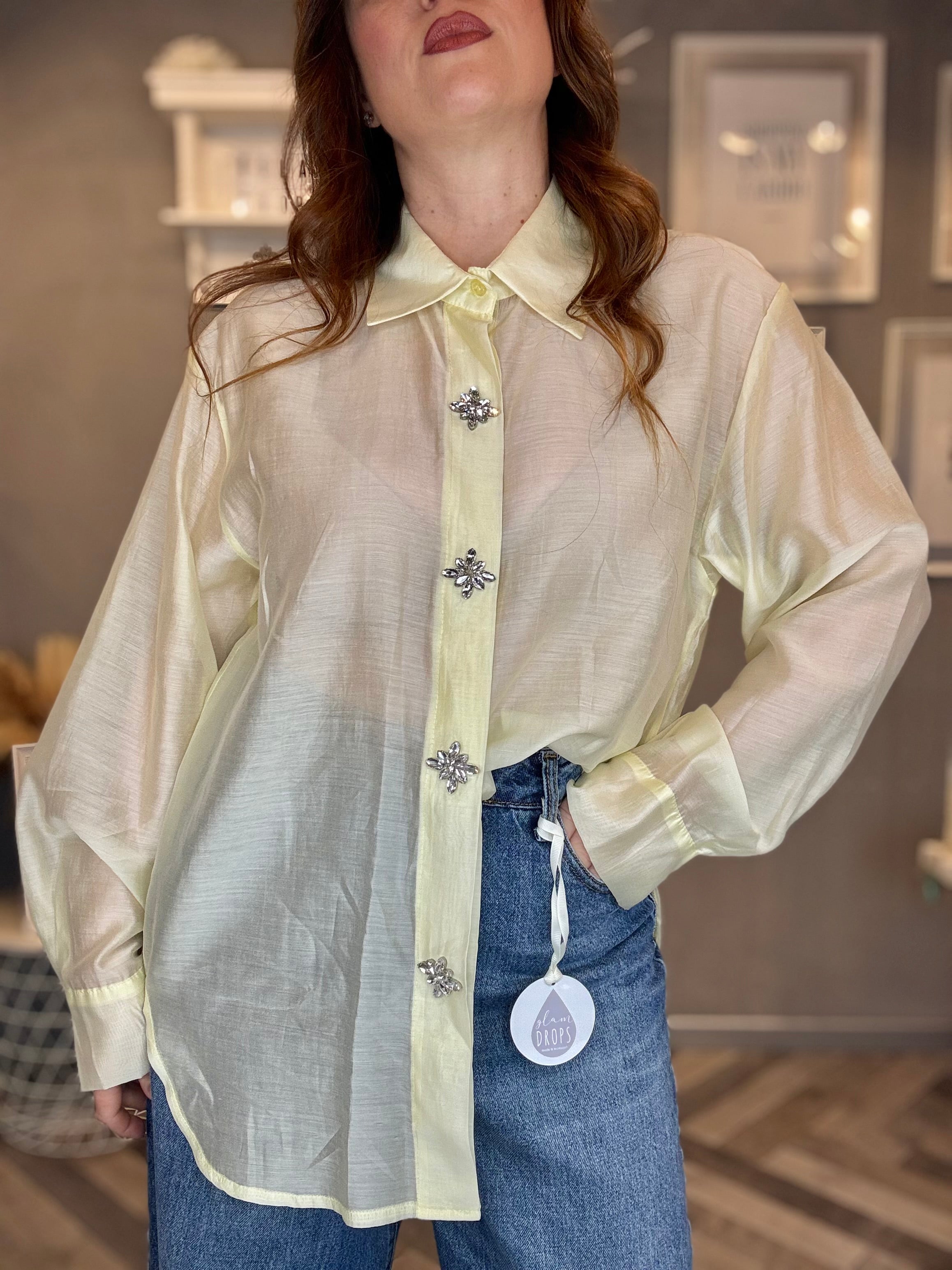 Camicia gioiello in tencel giallo pastello