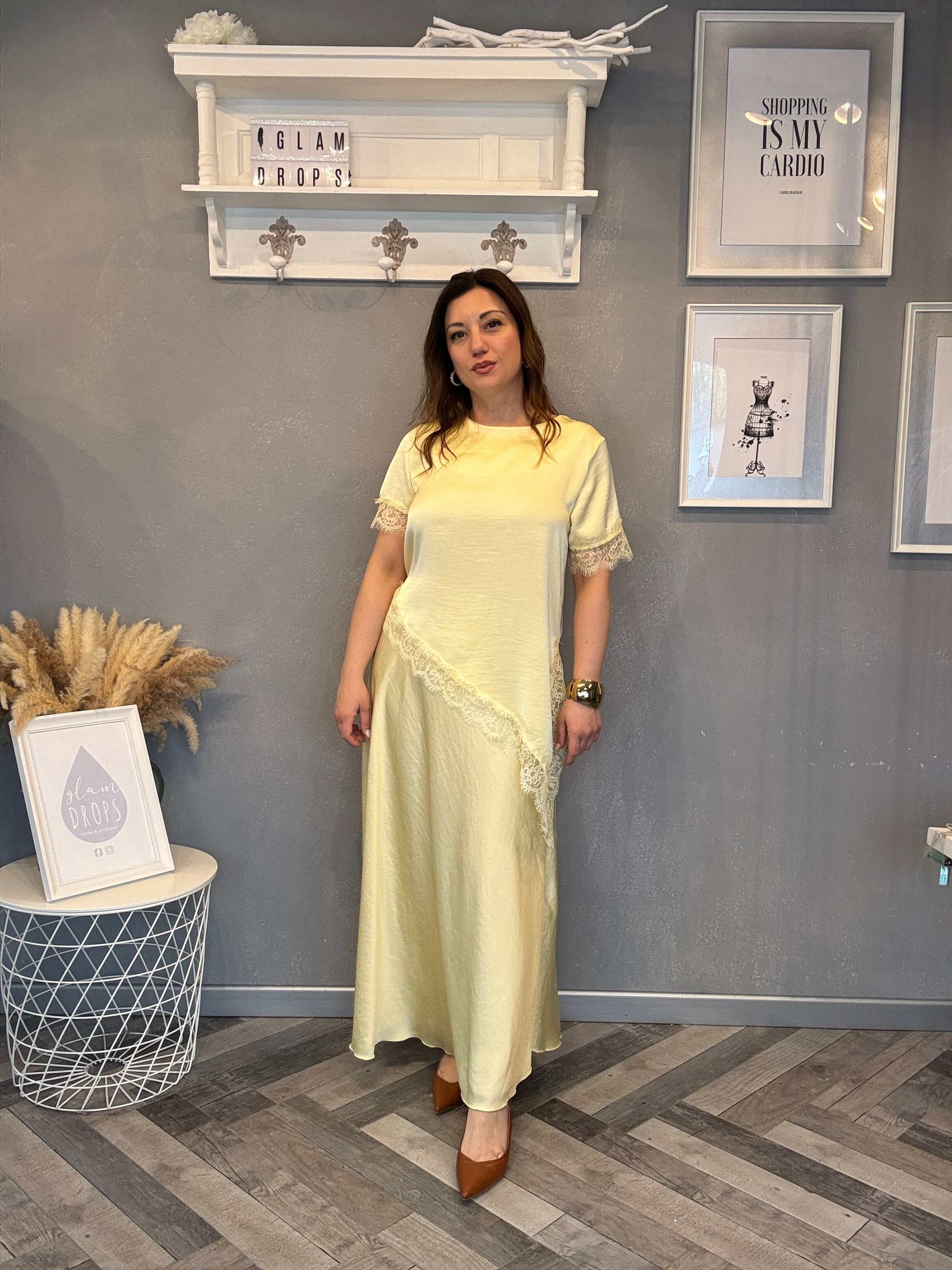 Gonna satin lunga Lety giallo pastello