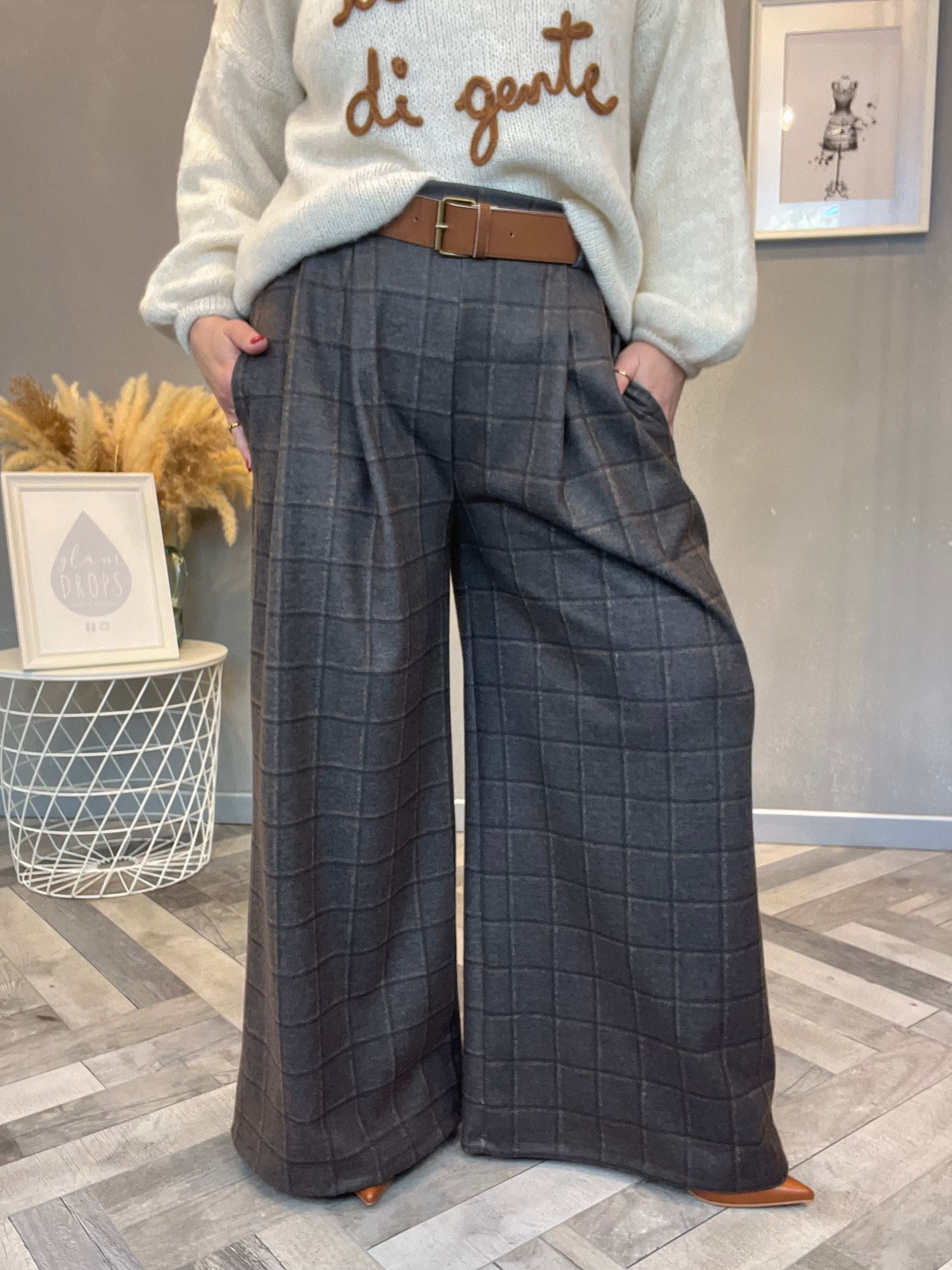 Pantalone palazzo flanella check grigio