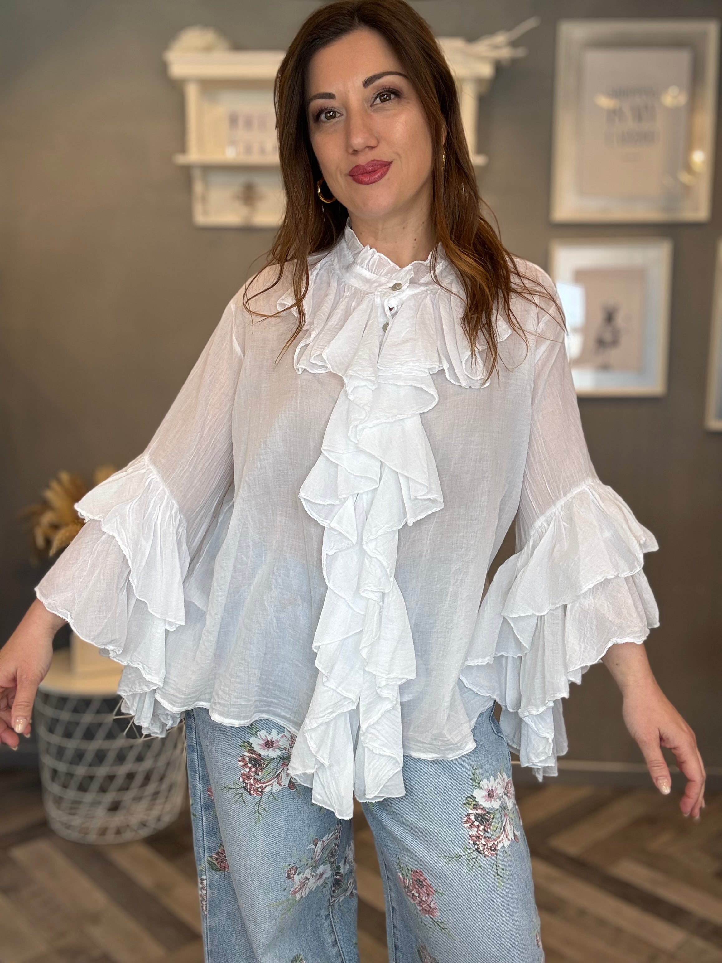 Blusa camicia volant bianca