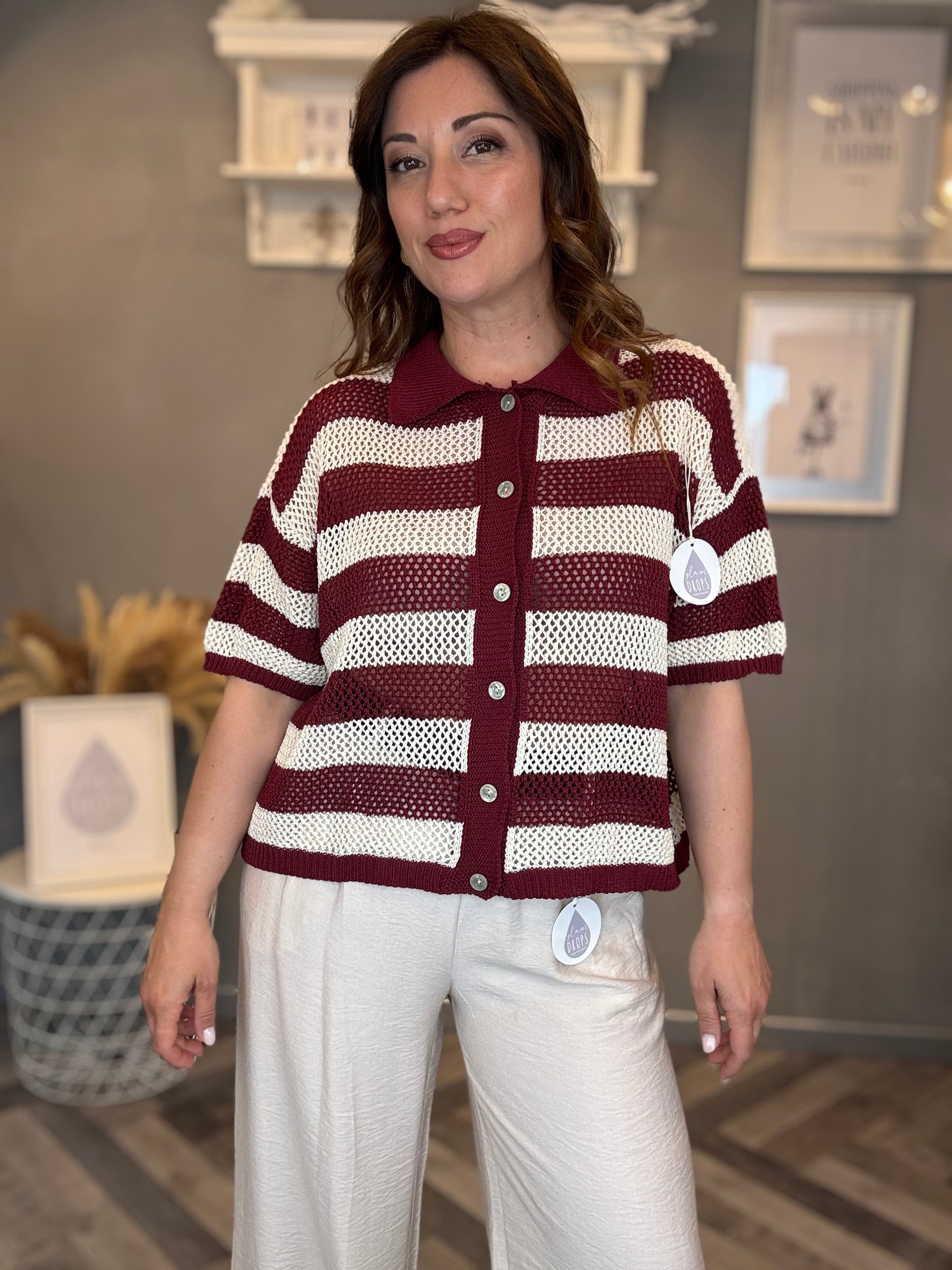 Polo traforata righe bordeaux