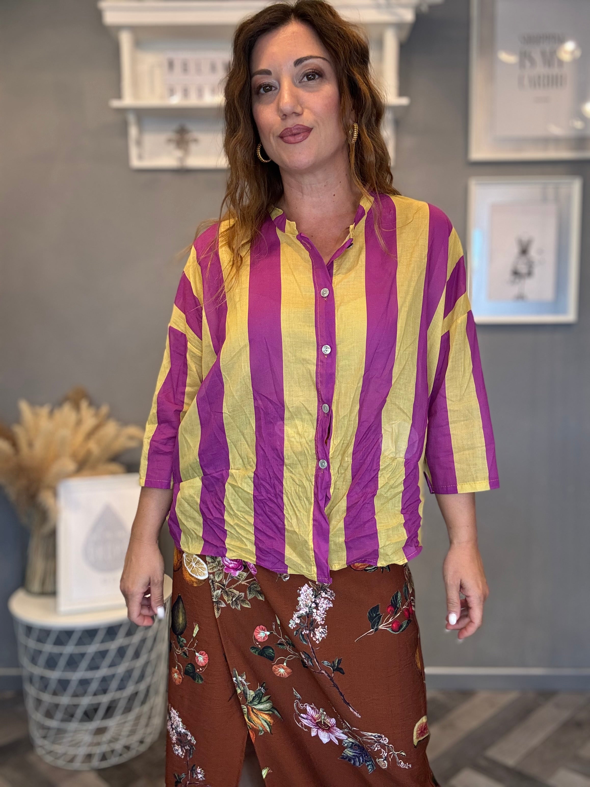 Camicia Isla Bonita coreana bande ciclamino e lime