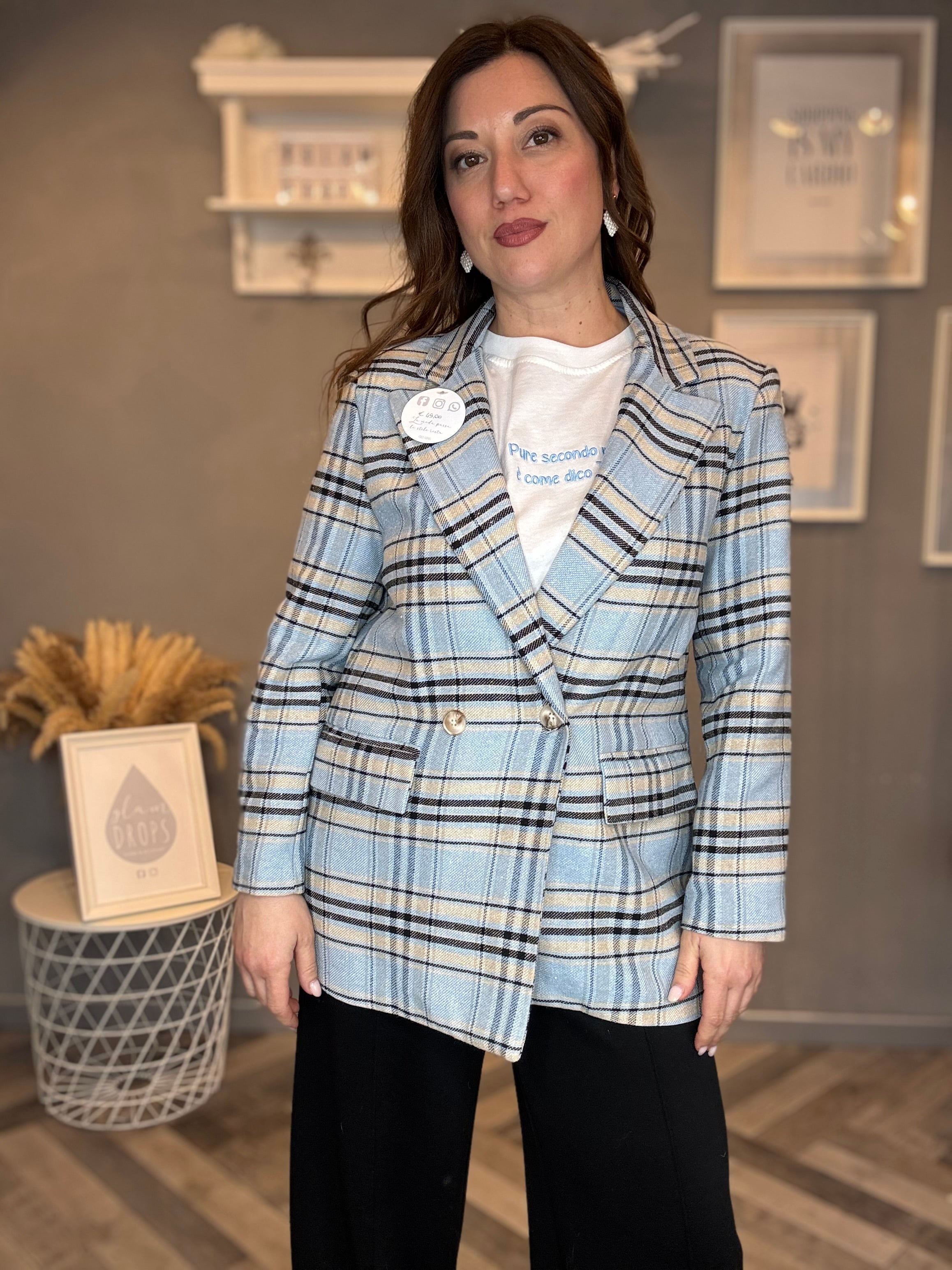 Blazer check doppiopetto celeste