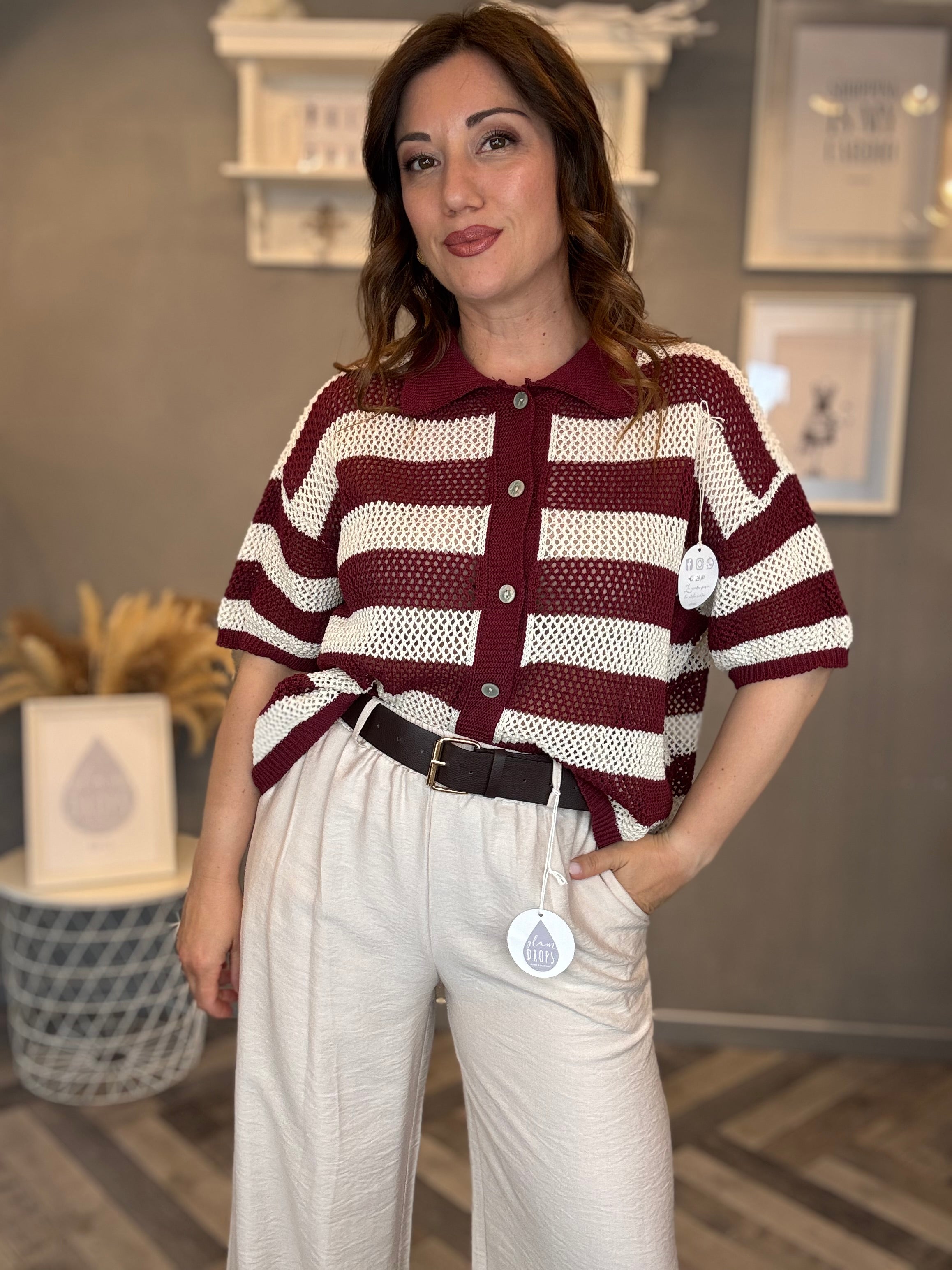 Polo traforata righe bordeaux