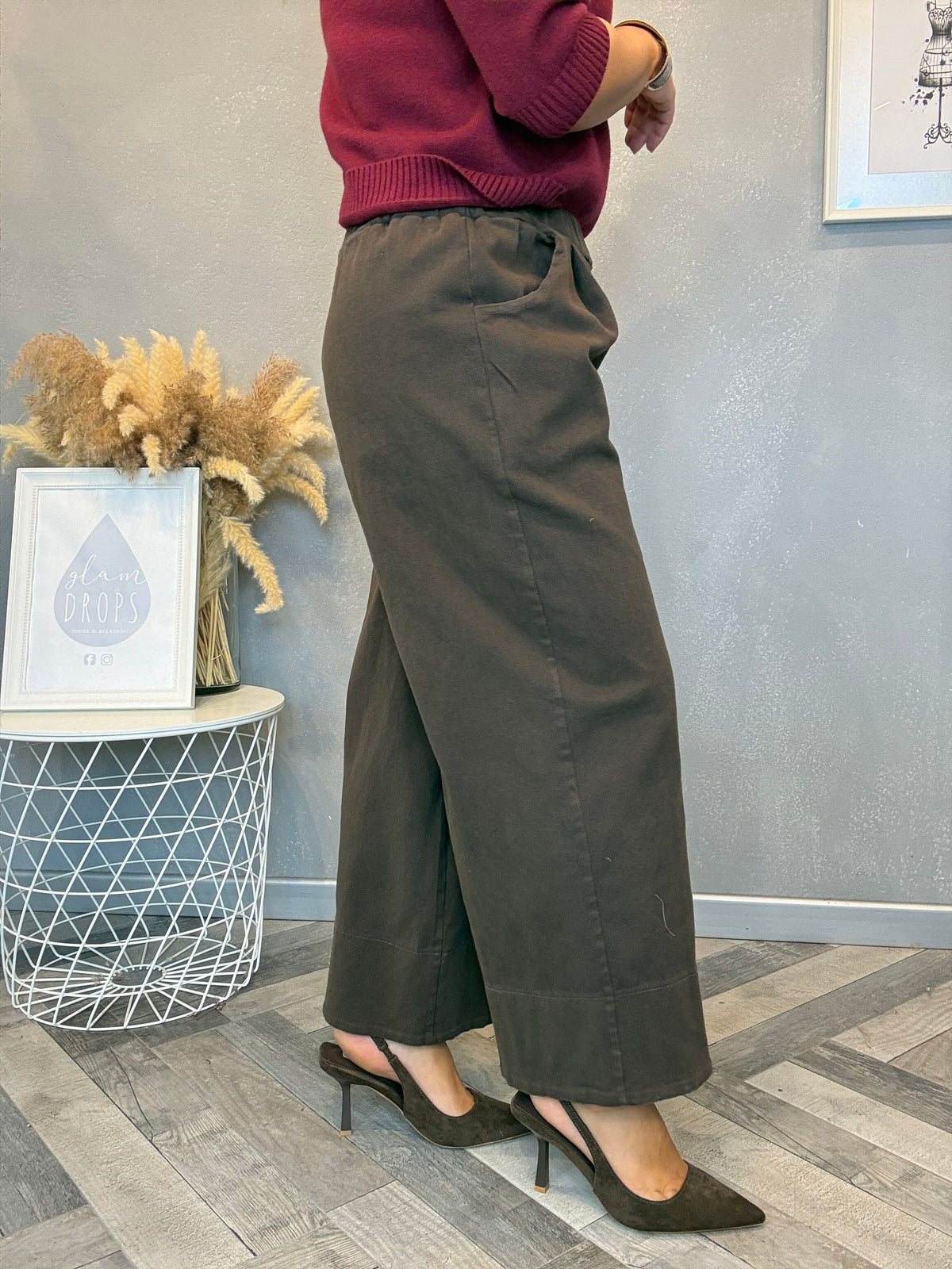 Pantalone wide leg crop cotton moro