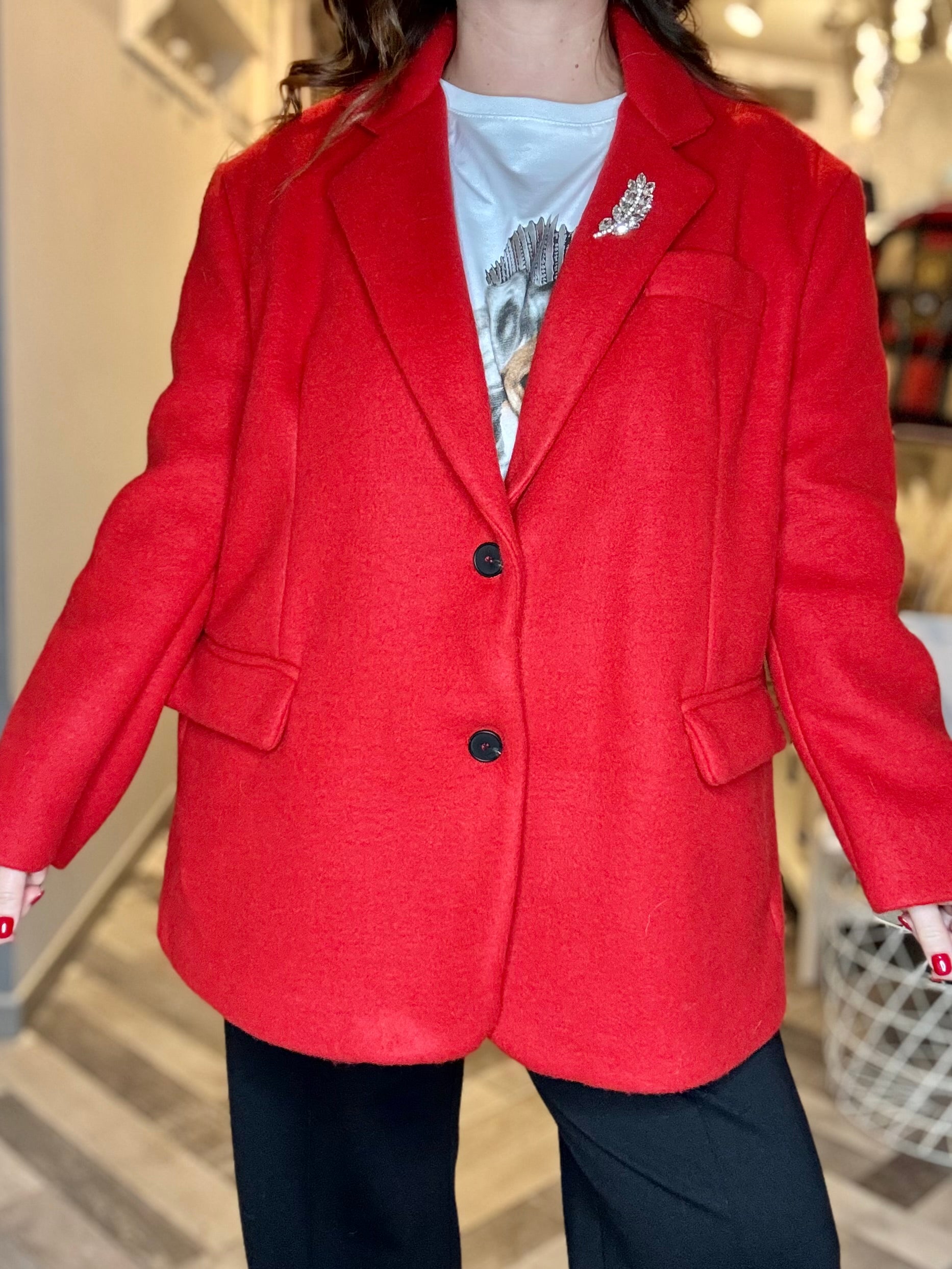 Blazer giacca cappotto over in panno con cabochon