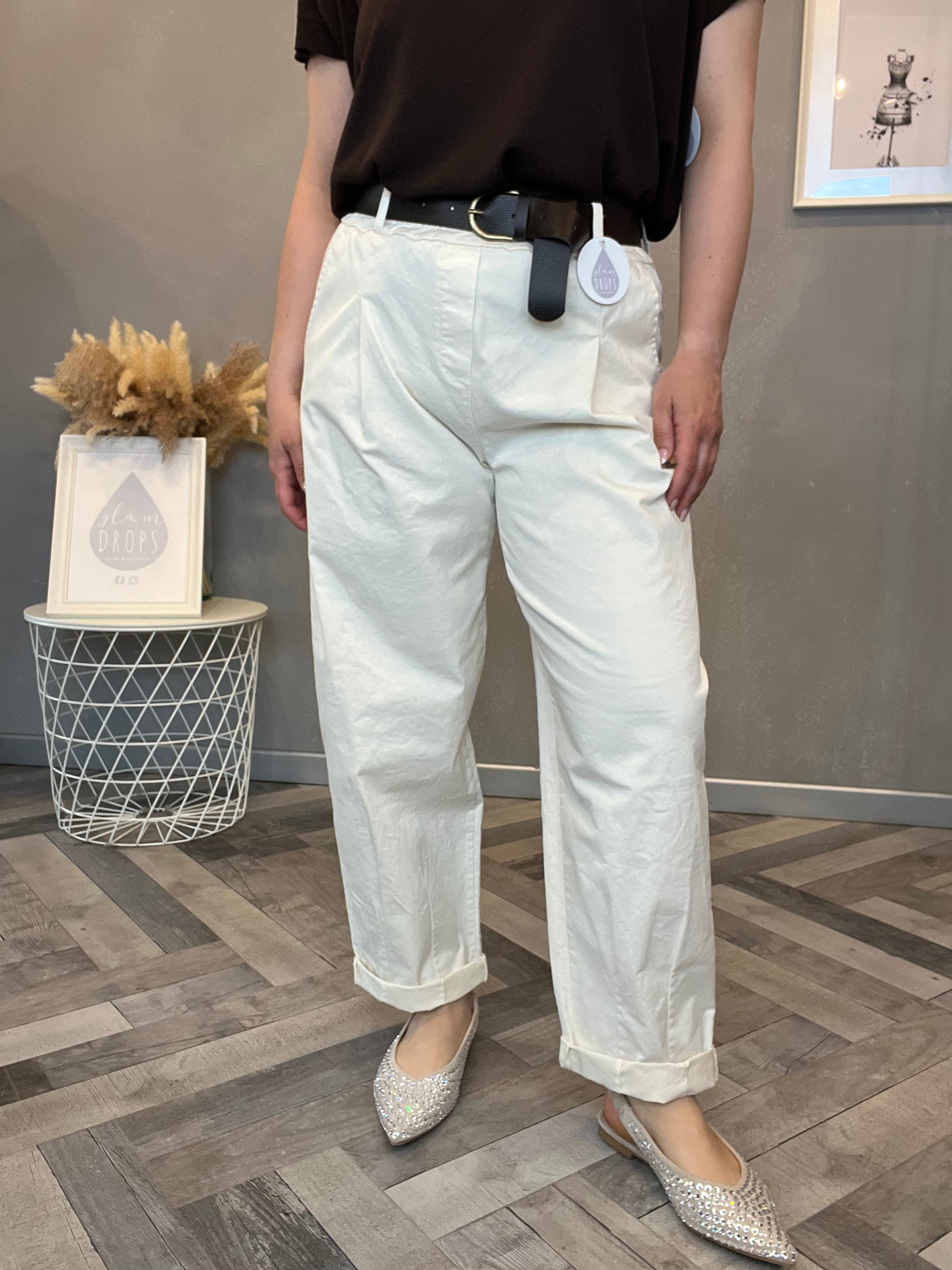 Pantalone boy-friend panna in cotone