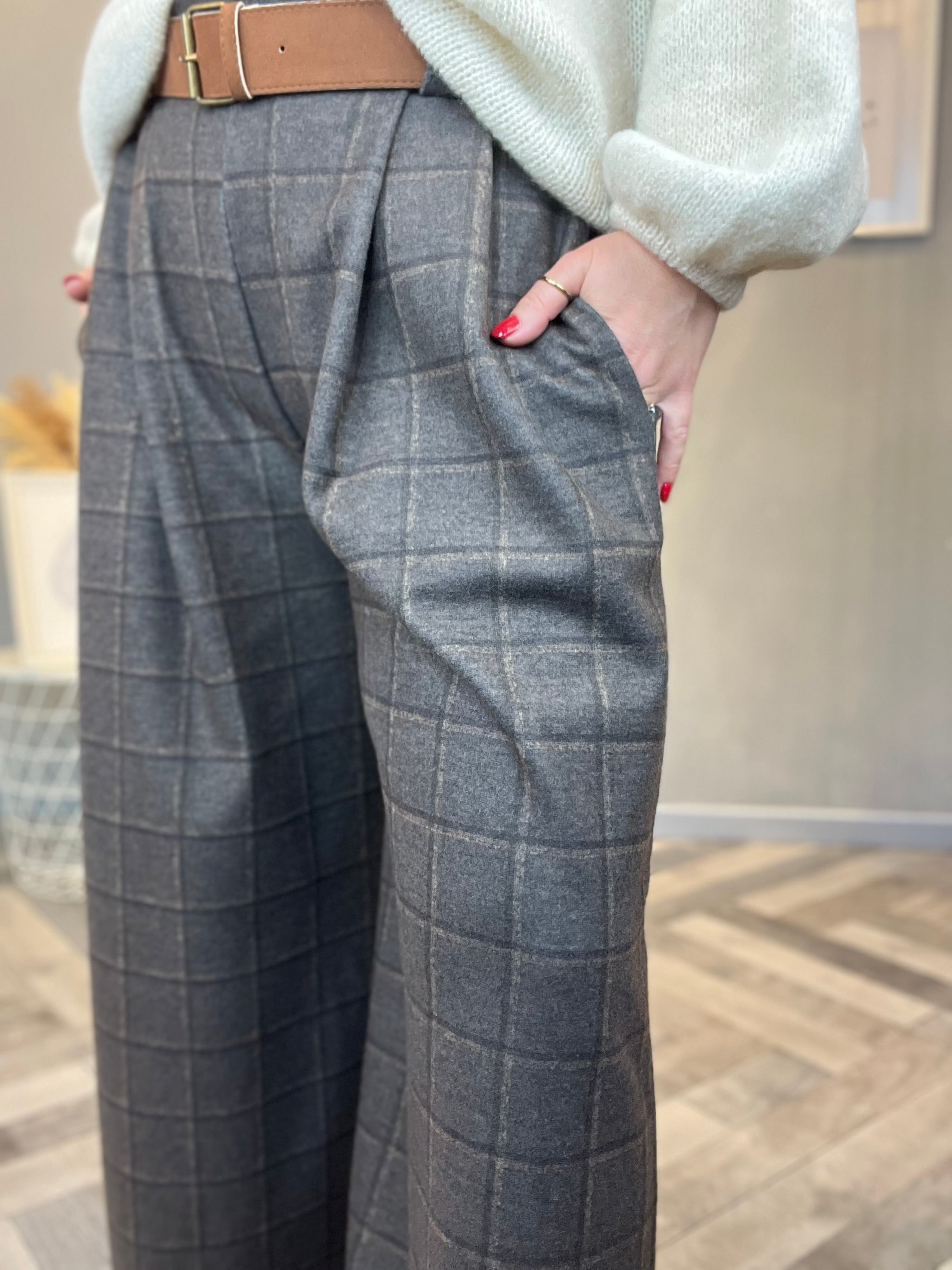 Pantalone palazzo flanella check grigio