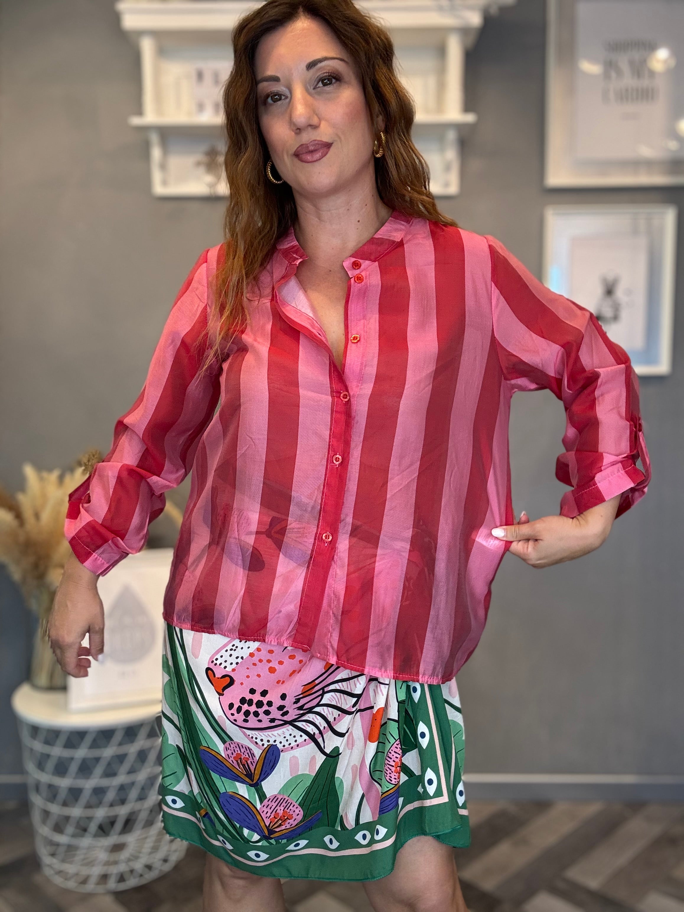 Camicia Isla Bonita bande roll-up fucsia e rosa