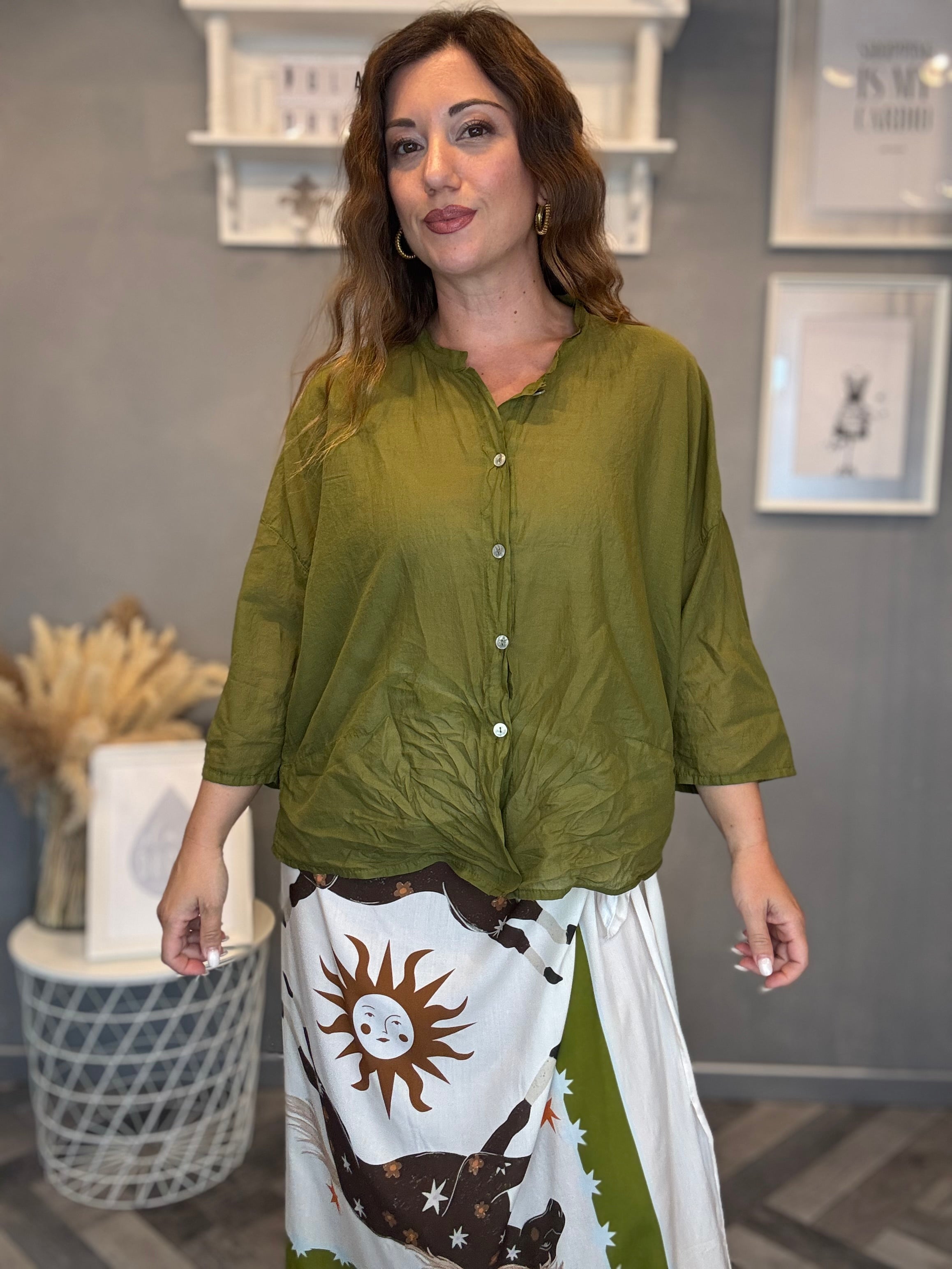 Camicia in mussola manica 3/4 verde oliva