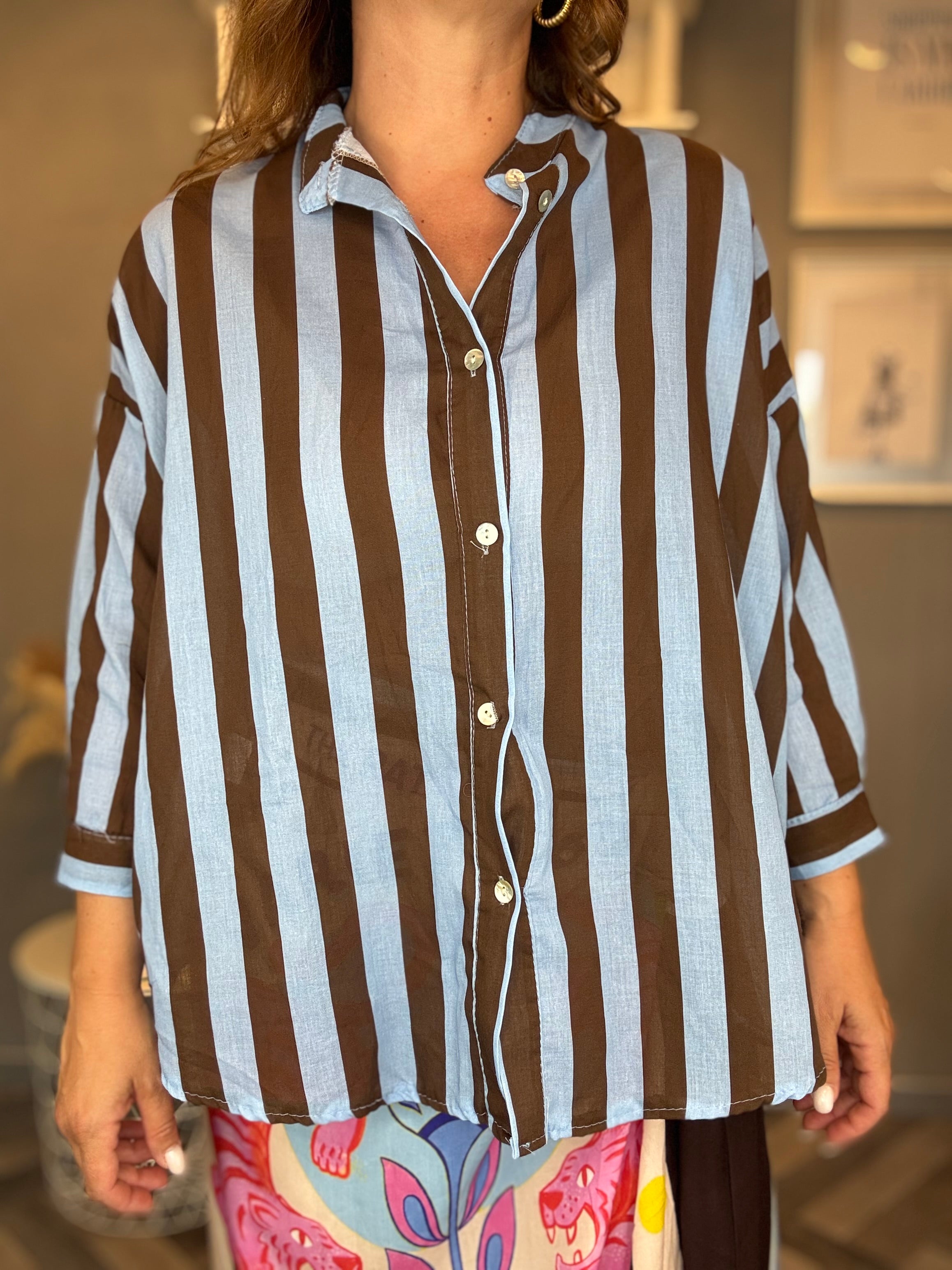 Camicia Isla Bonita righe cioccolato e celeste