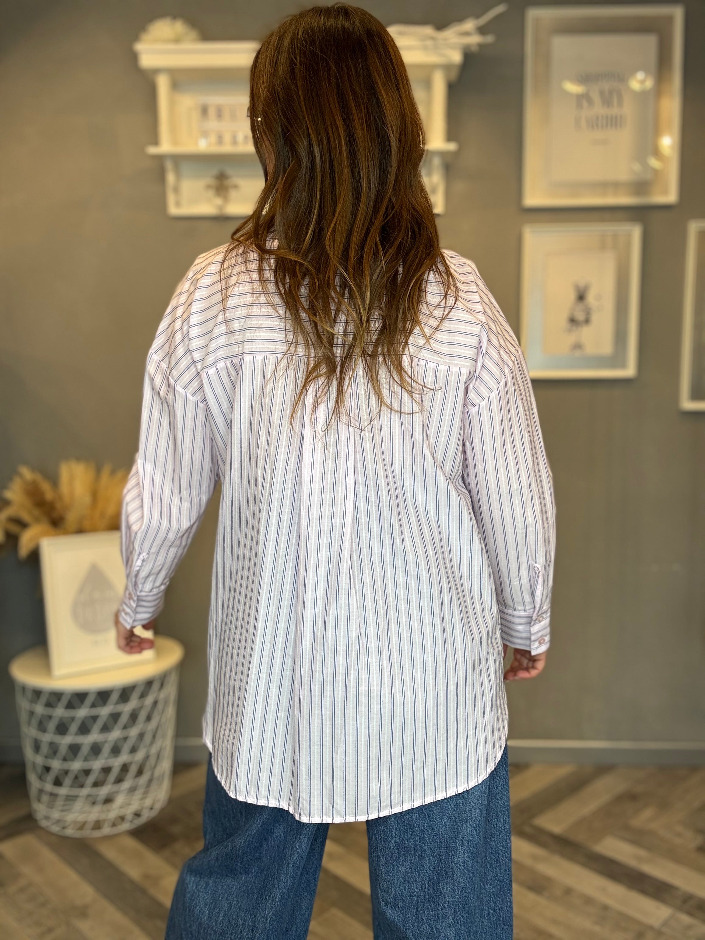 Camicia over rosa righe blu
