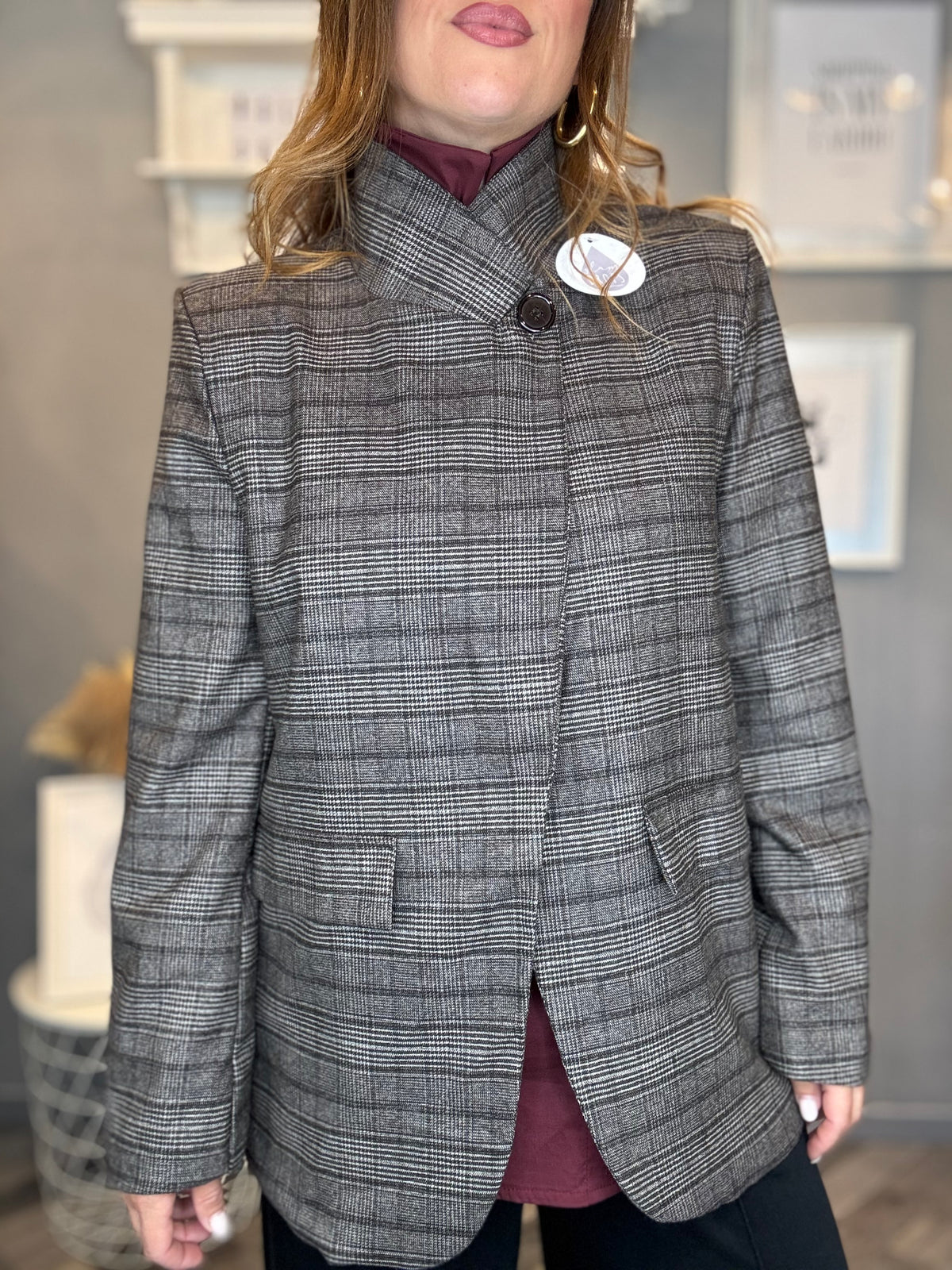 Blazer check grigio collo incrociato