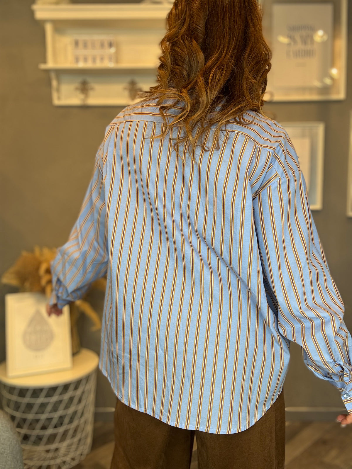 Camicia over celeste righe senape e bordeaux