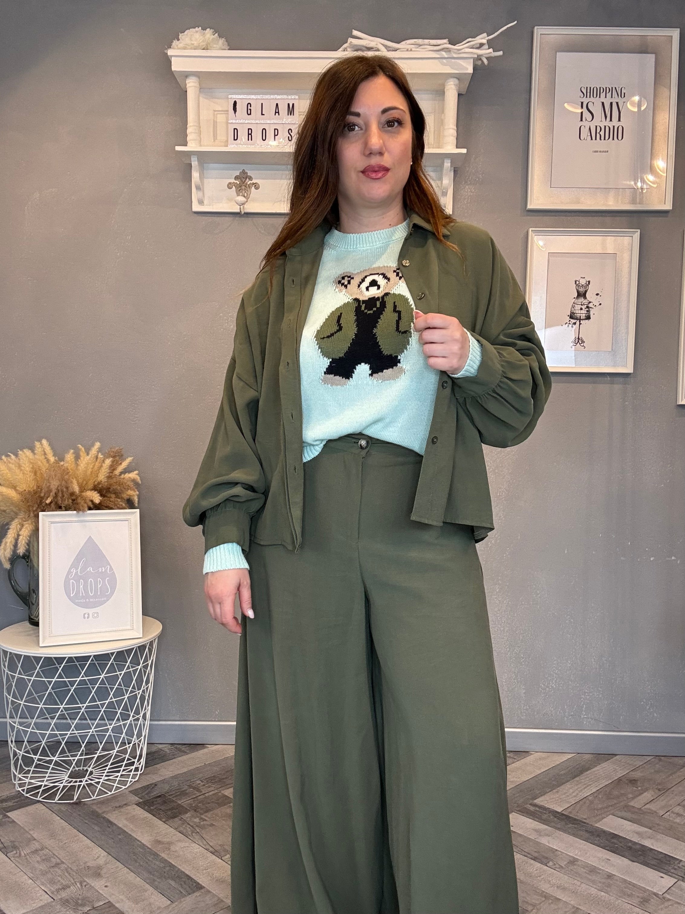 Maglioncino menta con orsetto militare