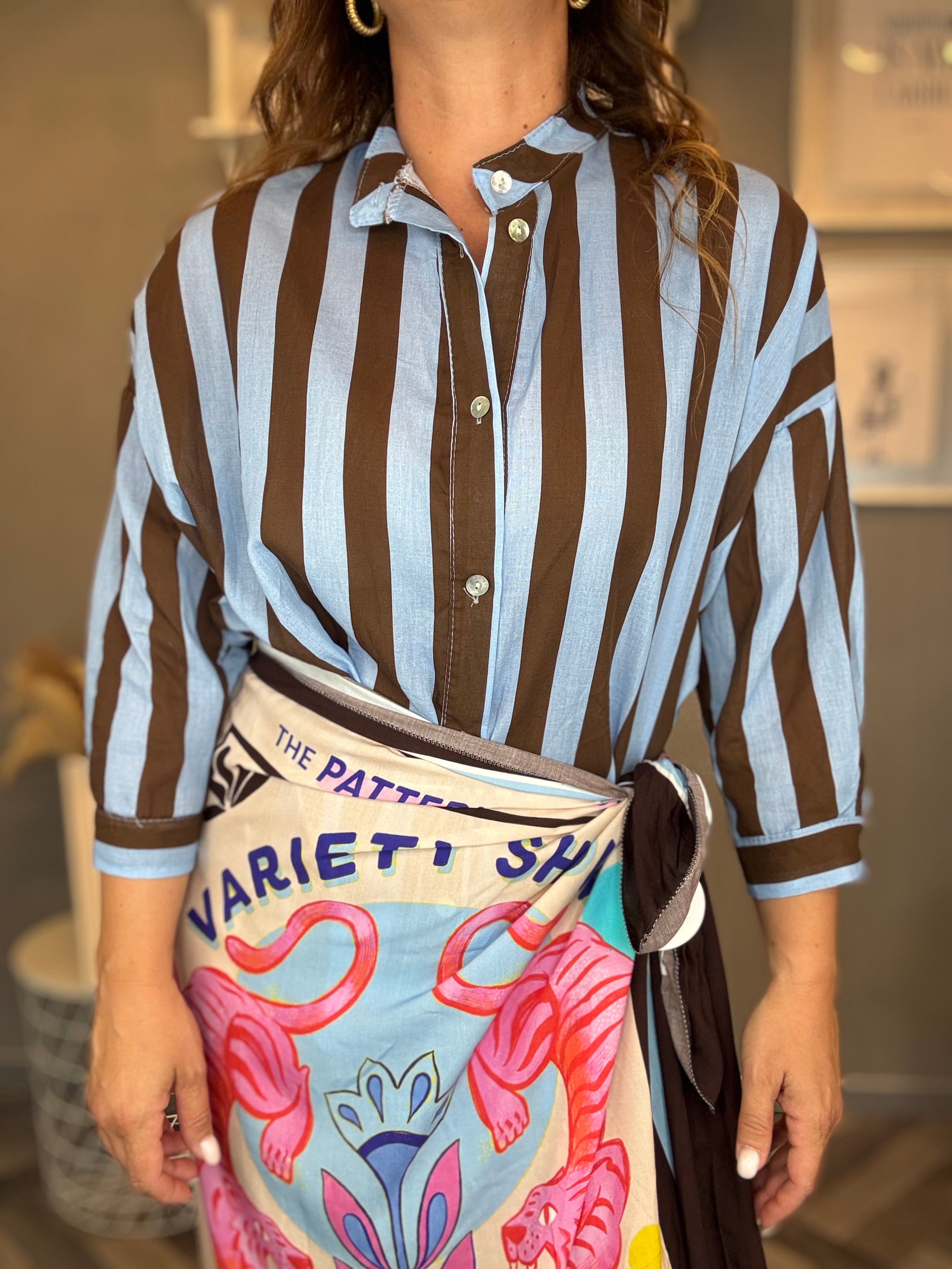 Camicia Isla Bonita righe cioccolato e celeste