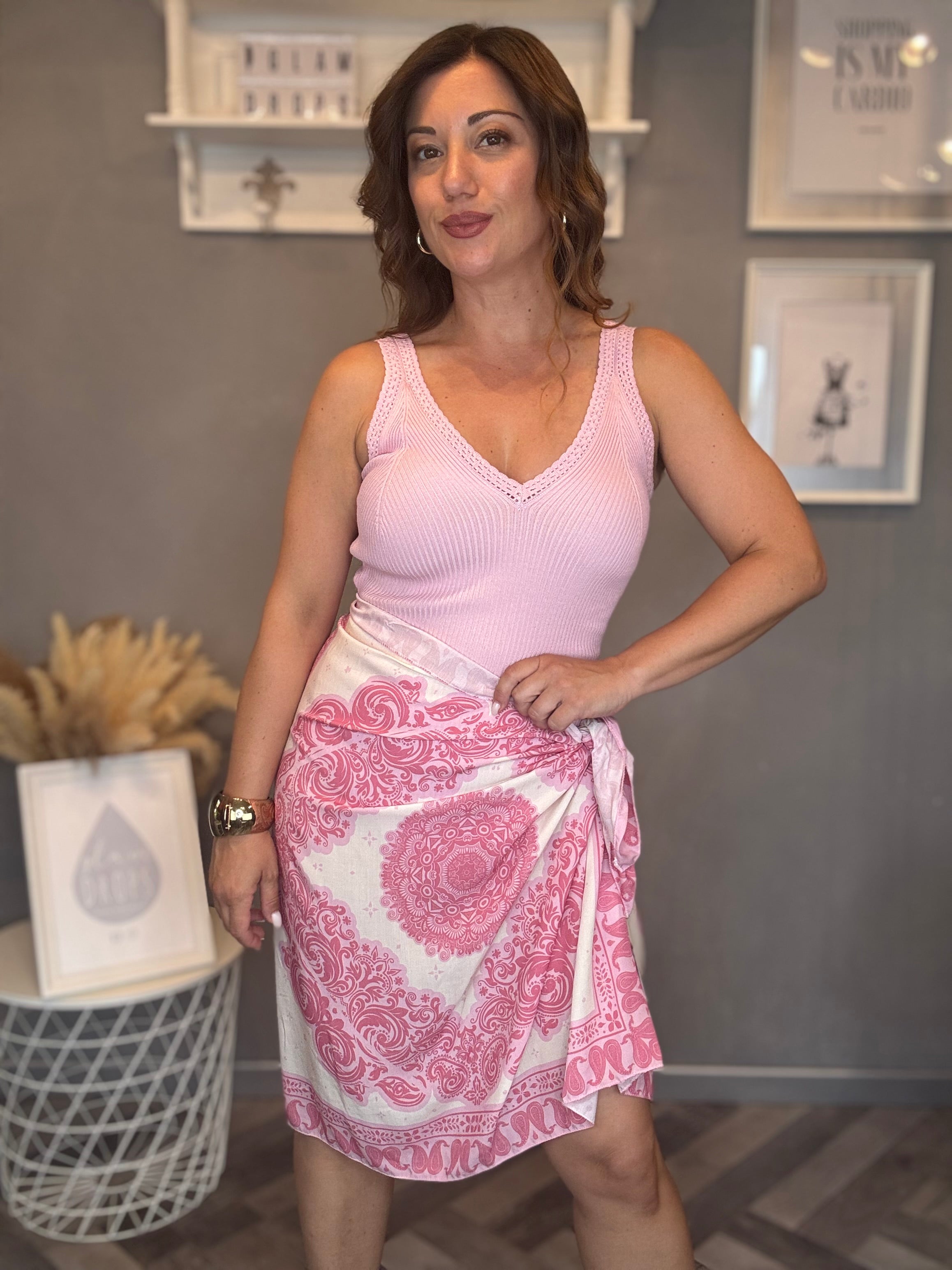 Body costina scollo pizzo rosa