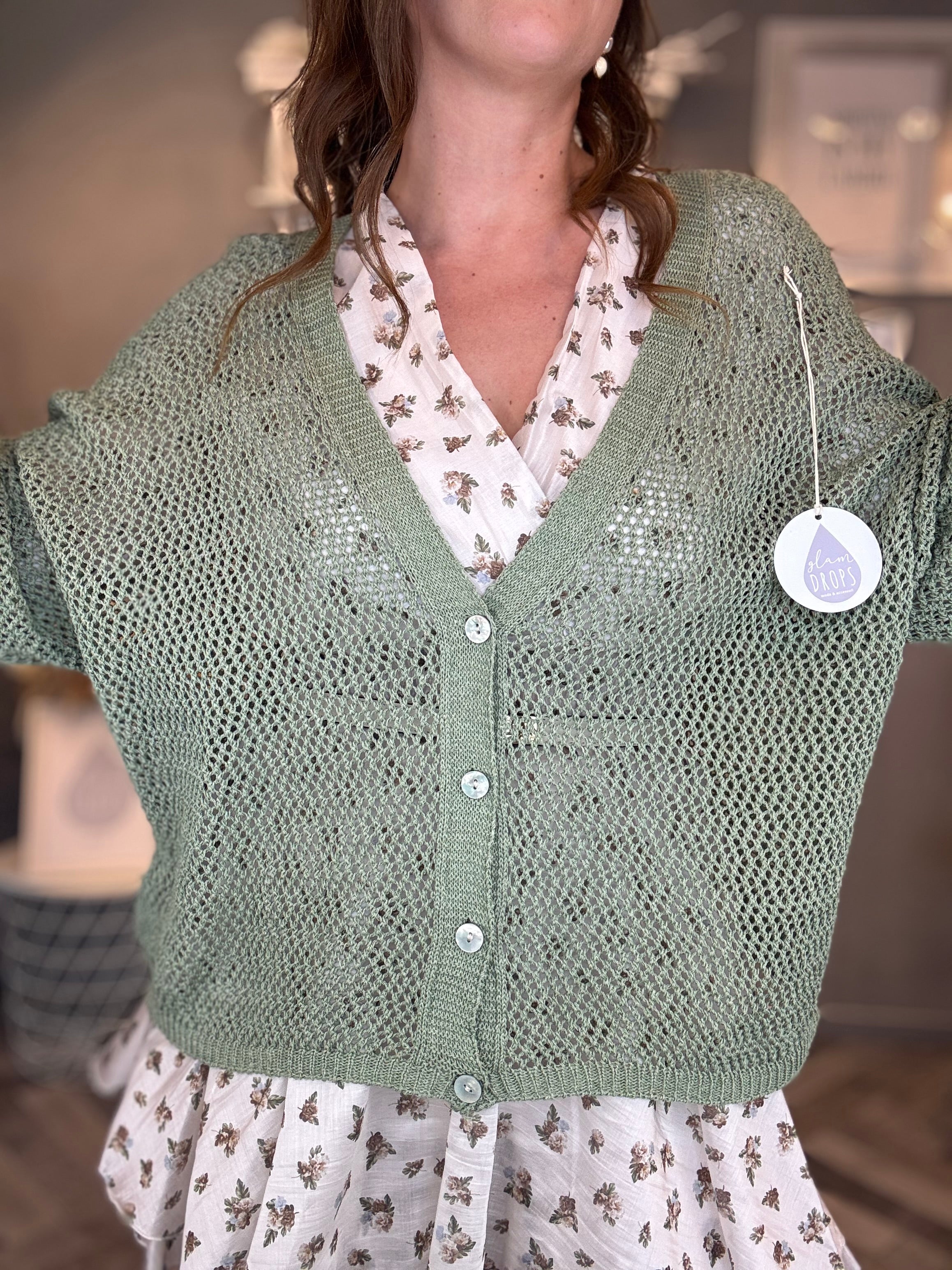 Cardigan traforato in cotone verde salvia