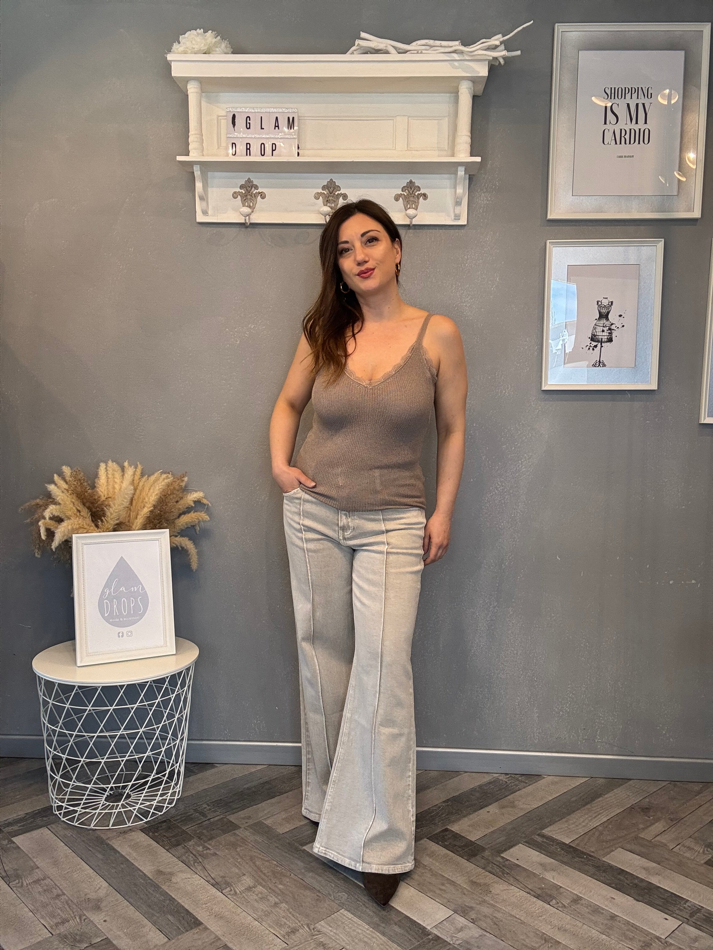 Top in Maglia con pizzo tortora