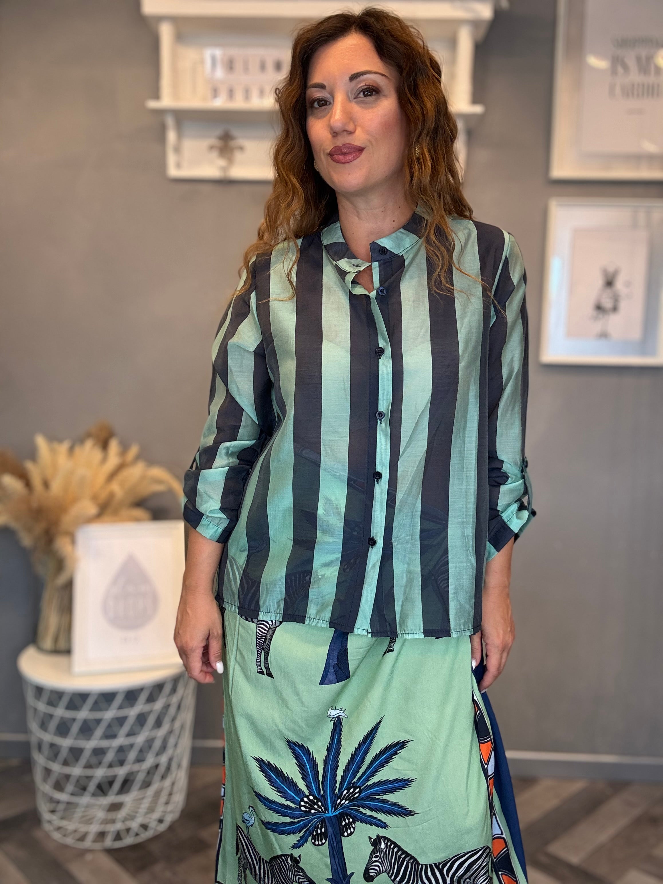 Camicia Isla Bonita bande roll-up blu e acqua