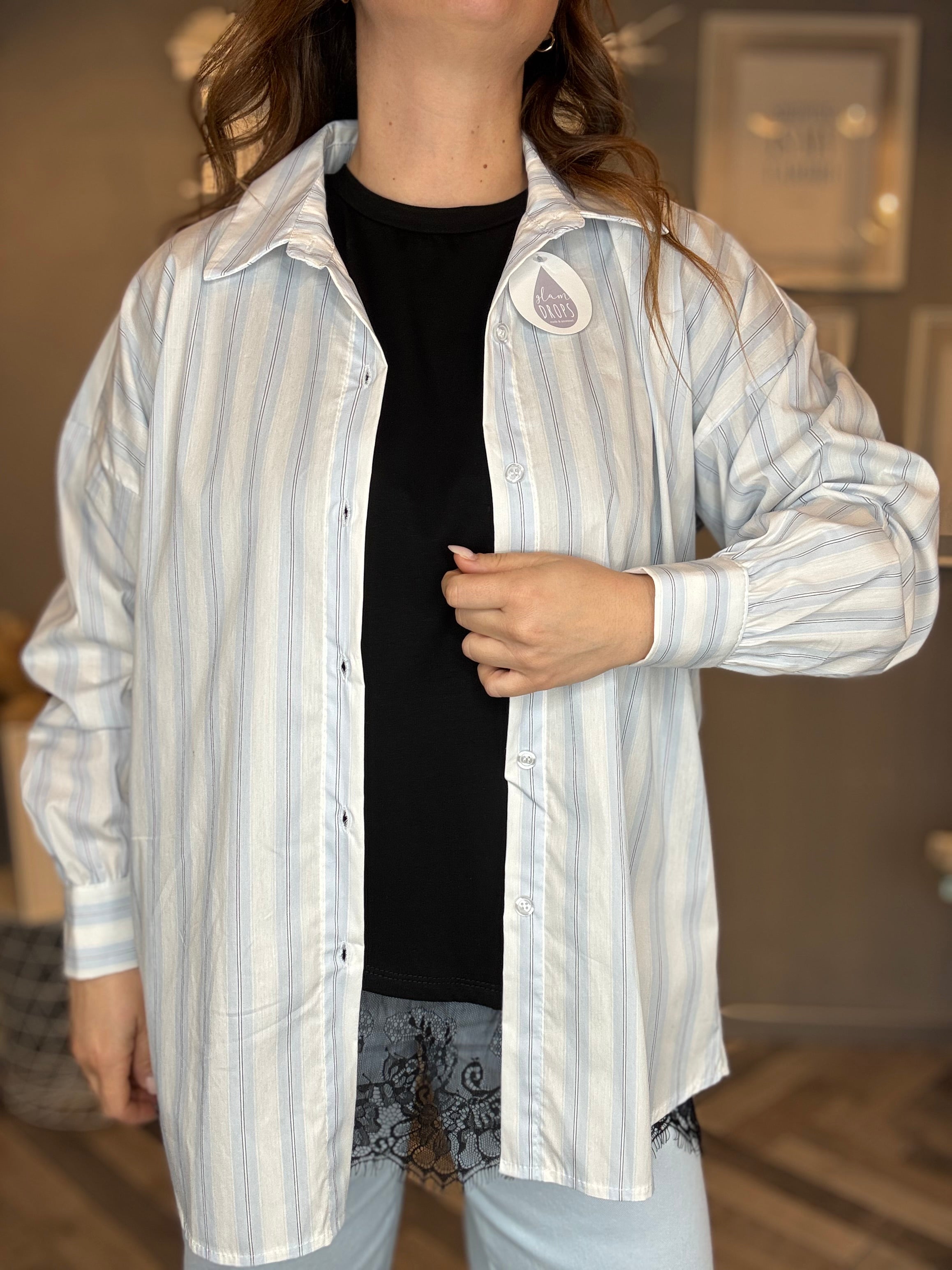 Camicia over righe soft celeste pastello