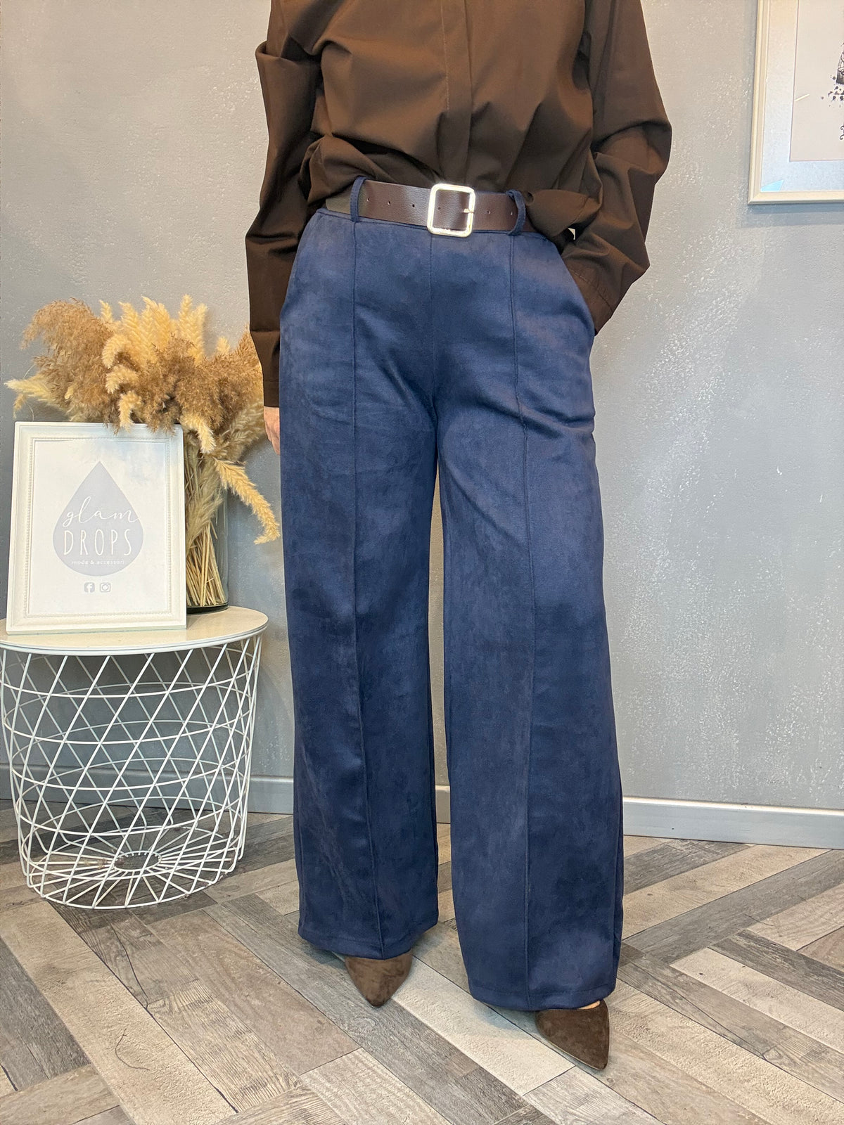 Pantalone Icon ecosuede blu con cintura