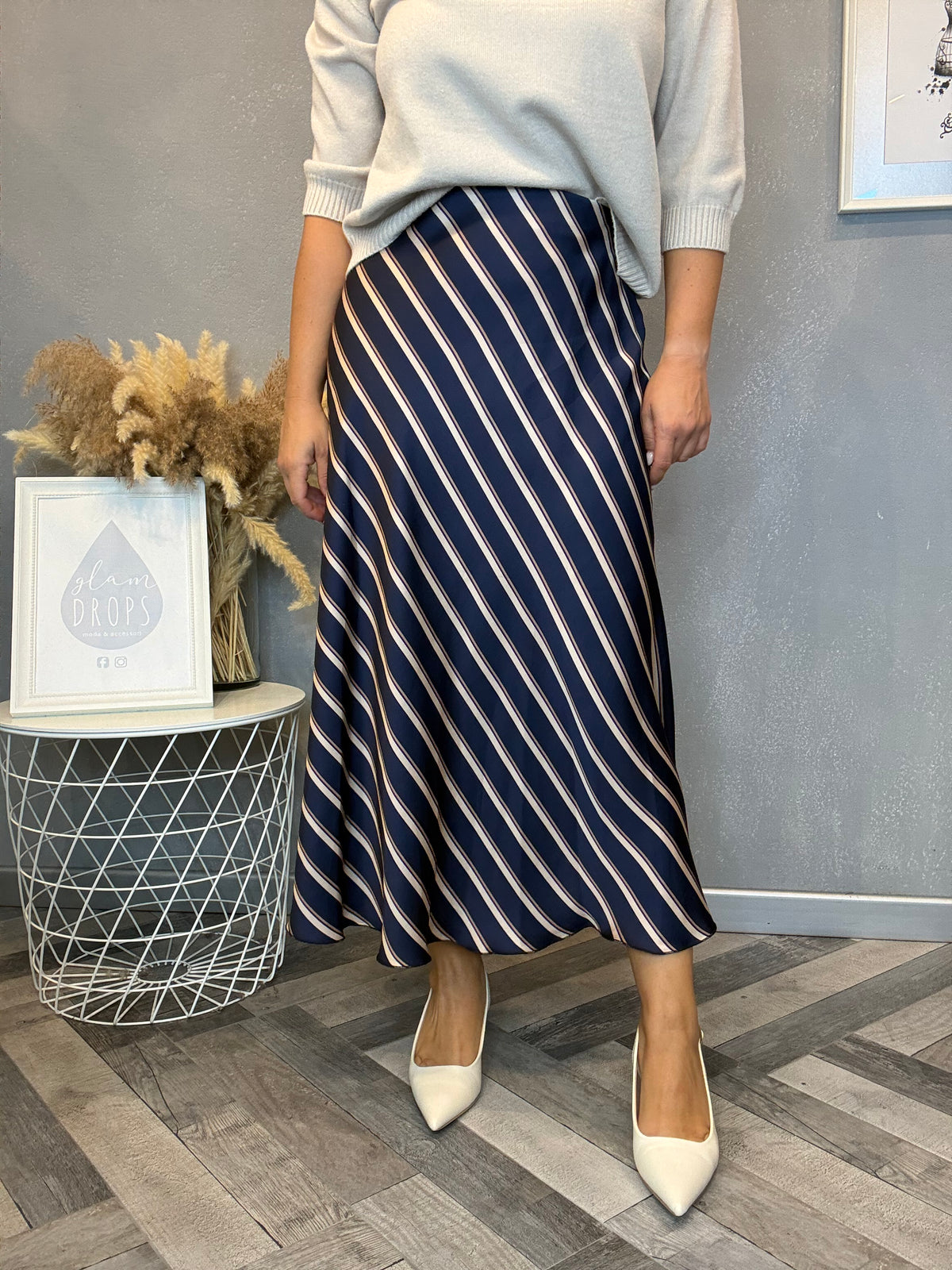 Gonna midi satin blu con righe