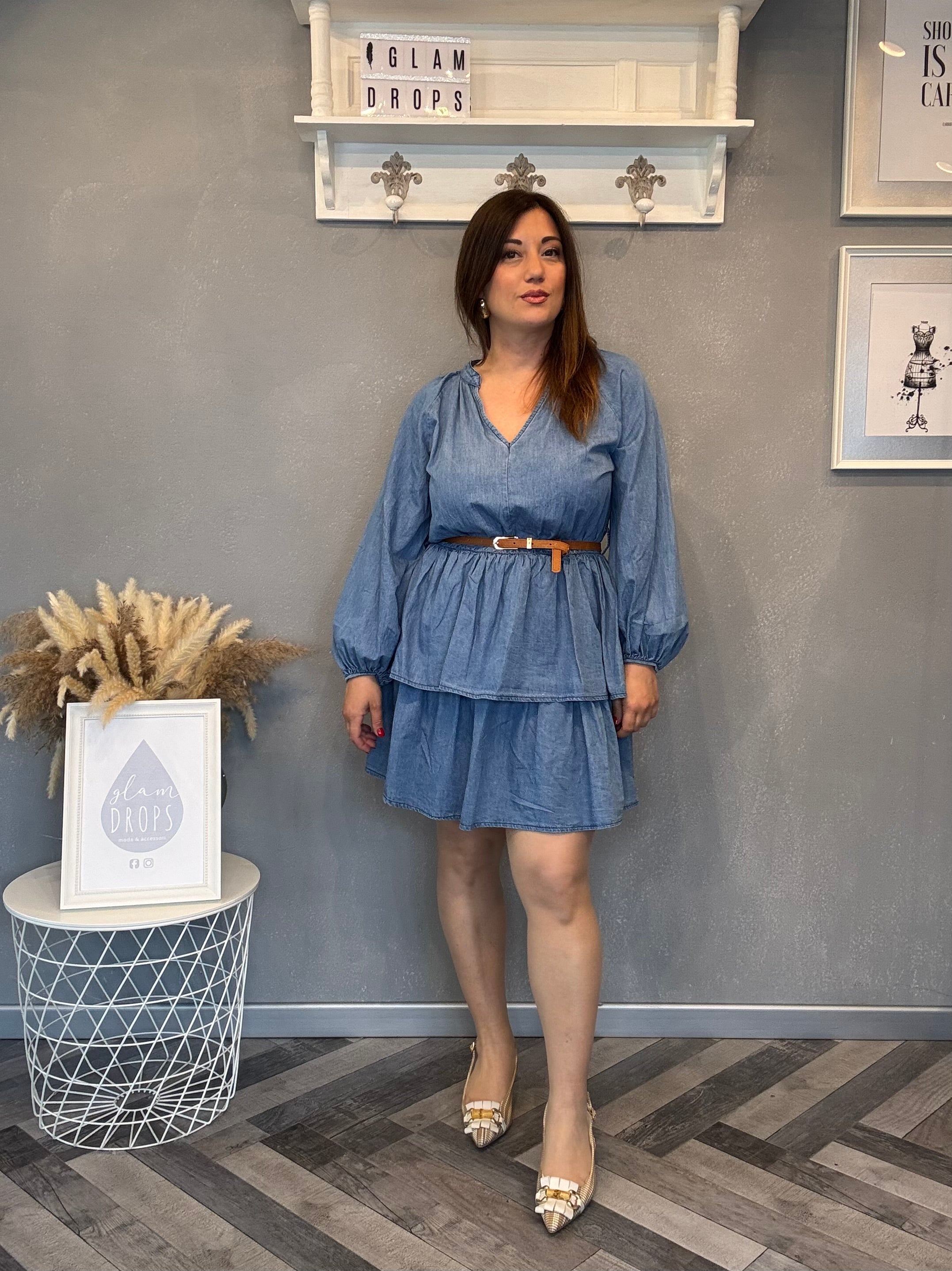 Abito a balze in jeans chambray