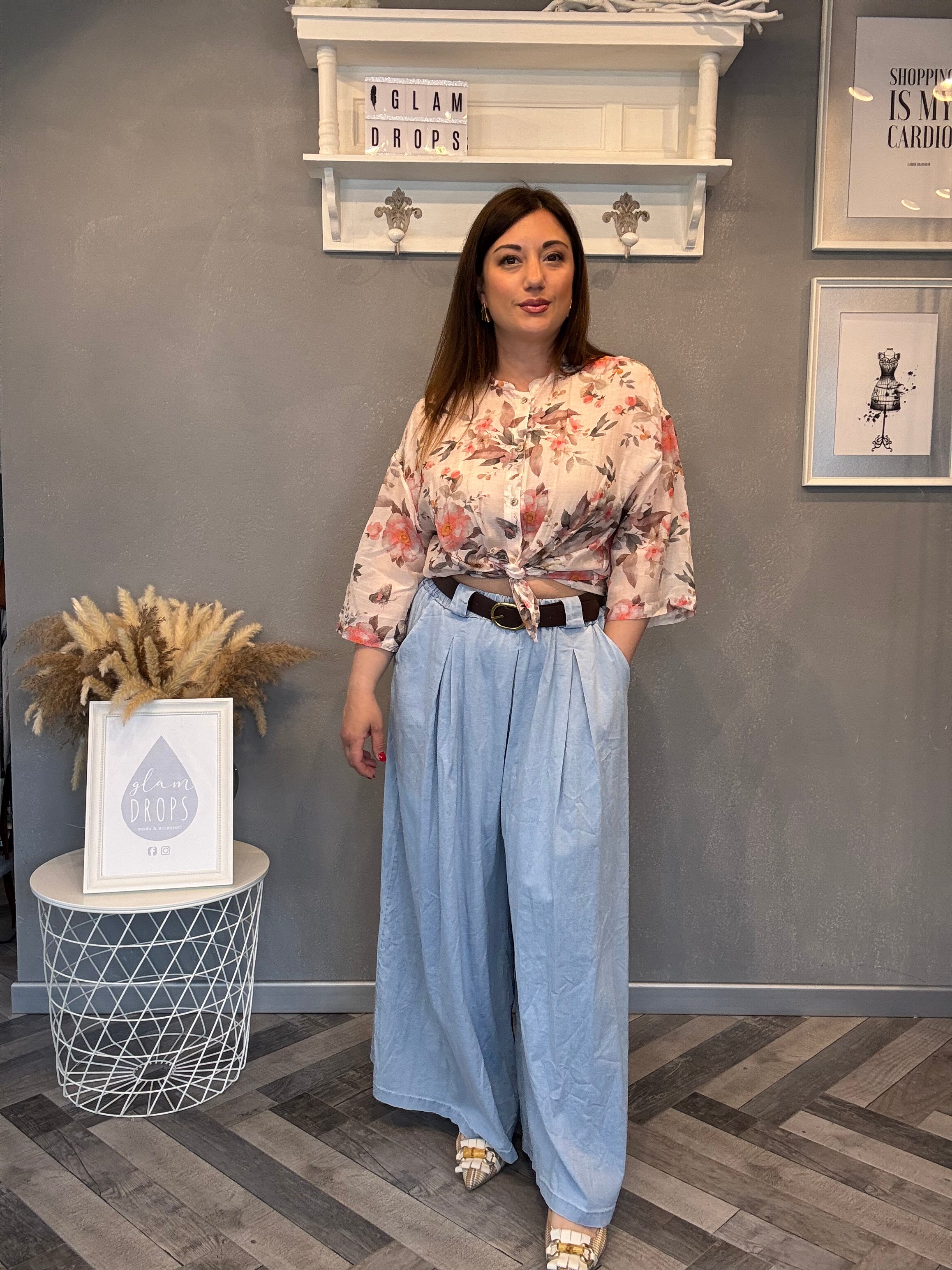 Camicia misto seta fiori corallo