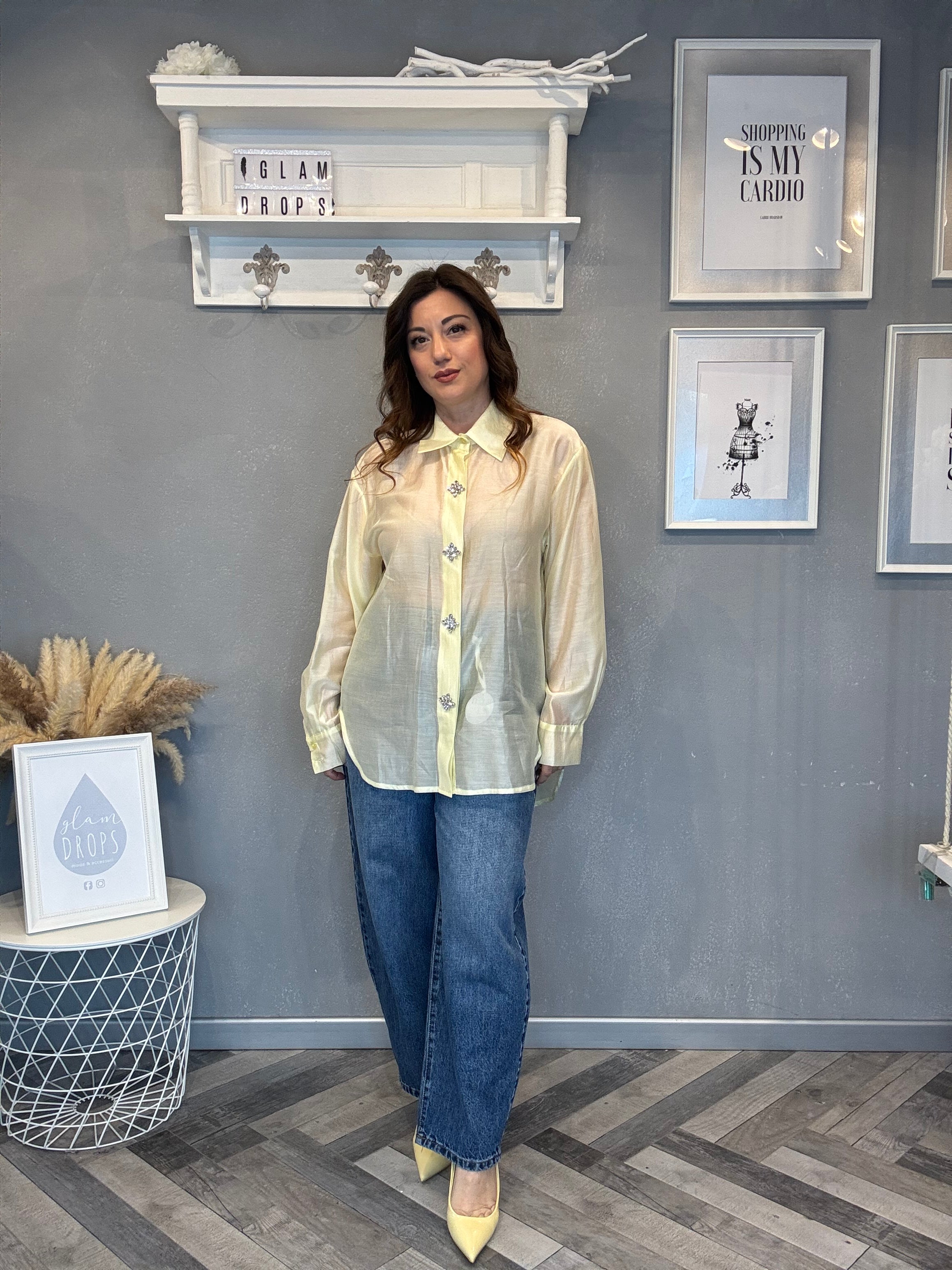 Camicia gioiello in tencel giallo pastello