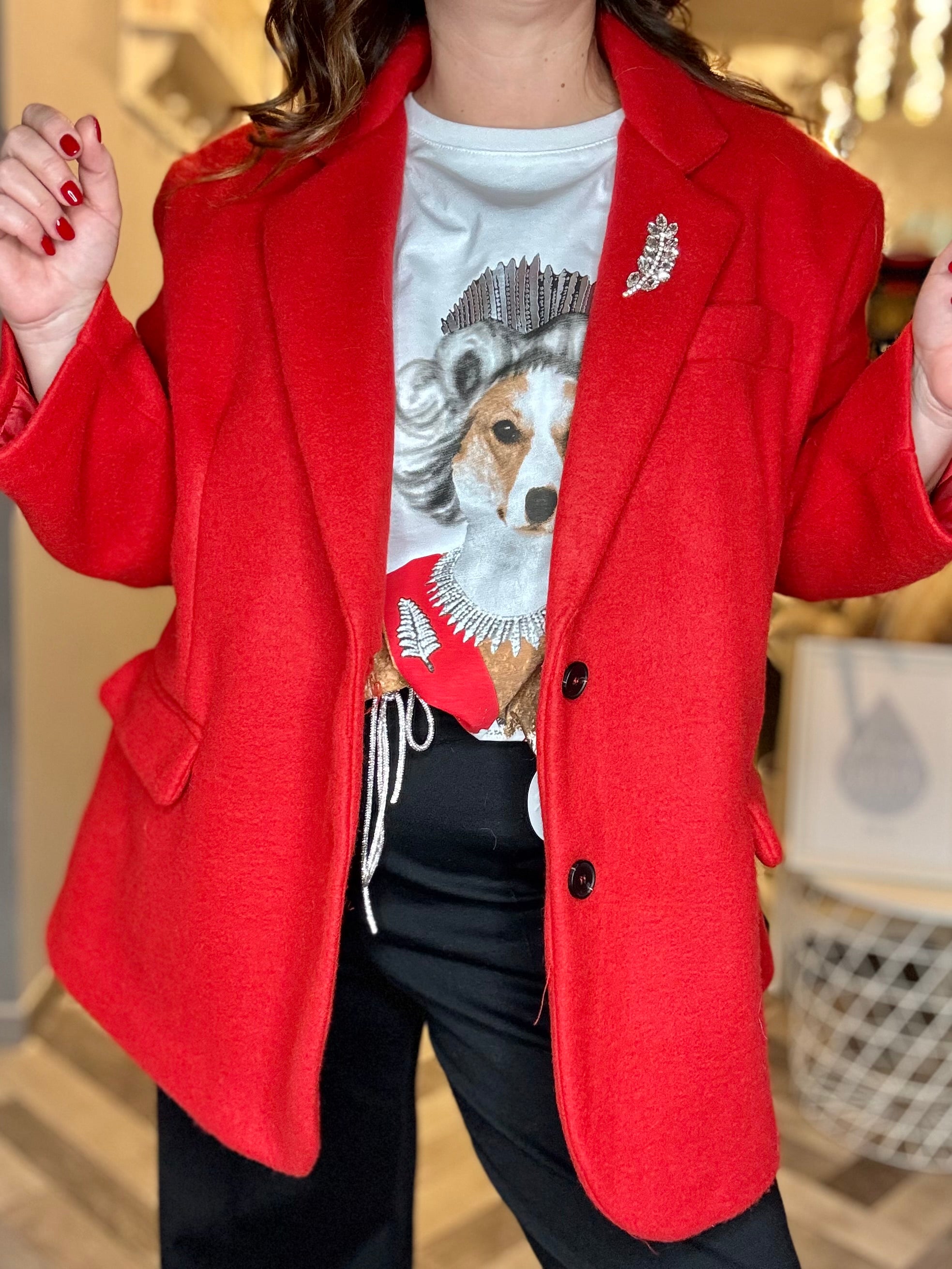 Blazer giacca cappotto over in panno con cabochon